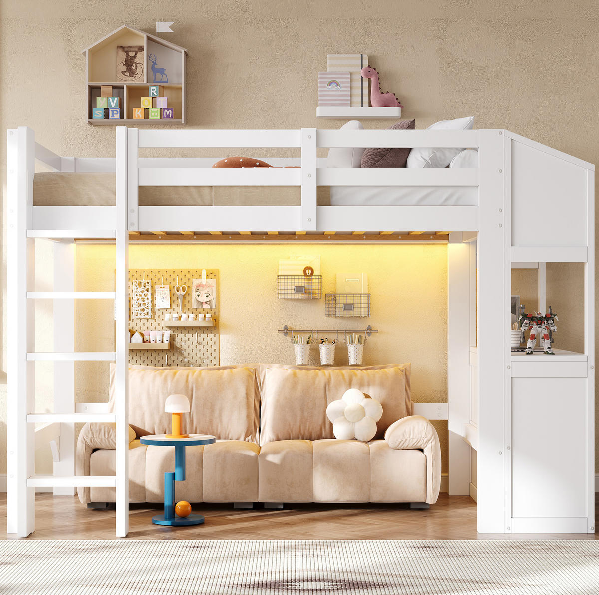 HOCHBETT 90x200 cm in Weiß mit 6 Schubladen, Regalen und LED-Beleuchtung - Weiß, Holz (90/200cm) - IVMEU