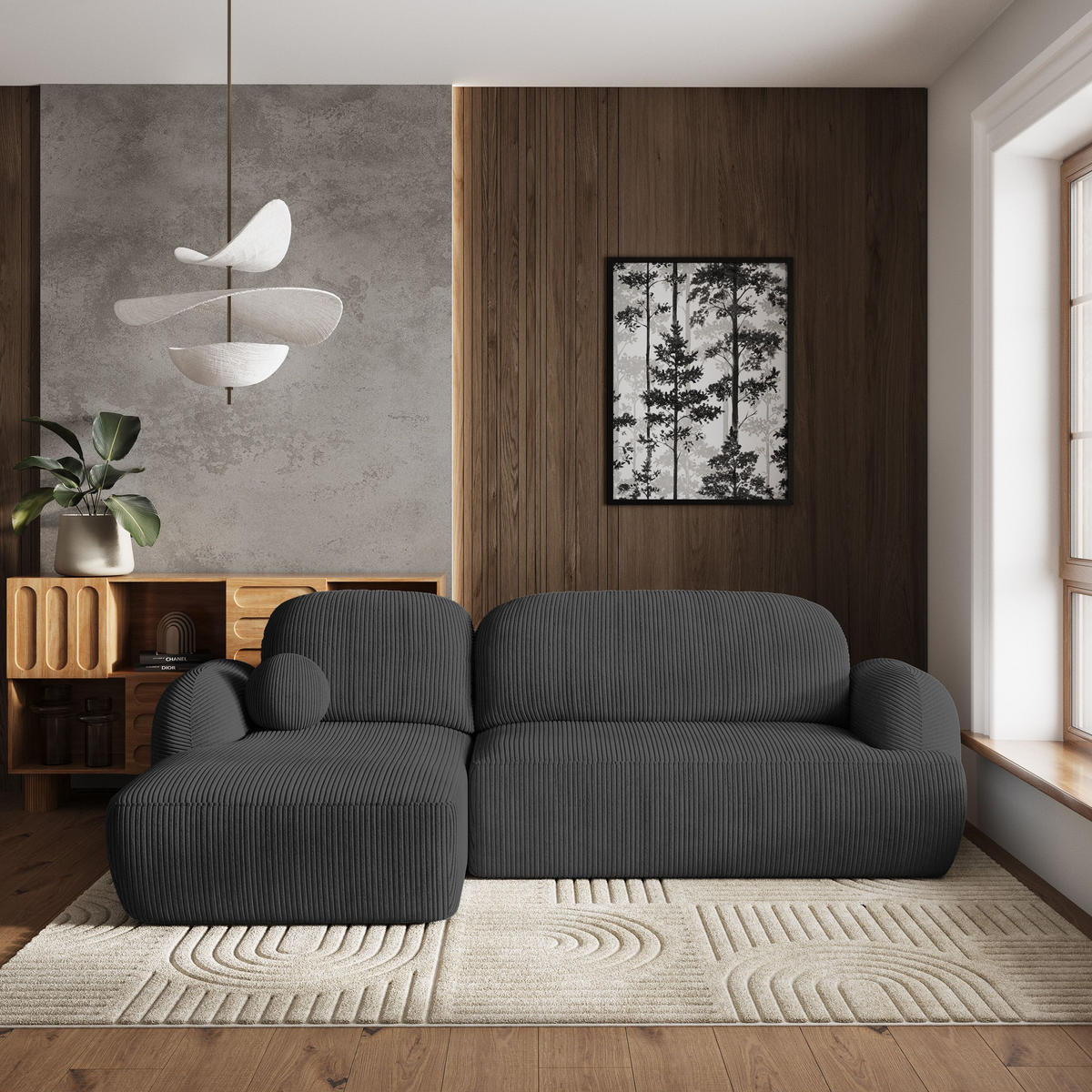 ROHOVÁ SEDAČKA MODENZA grafitová - černá/grafitová, dřevo/textil (266/148cm) - MASSENO