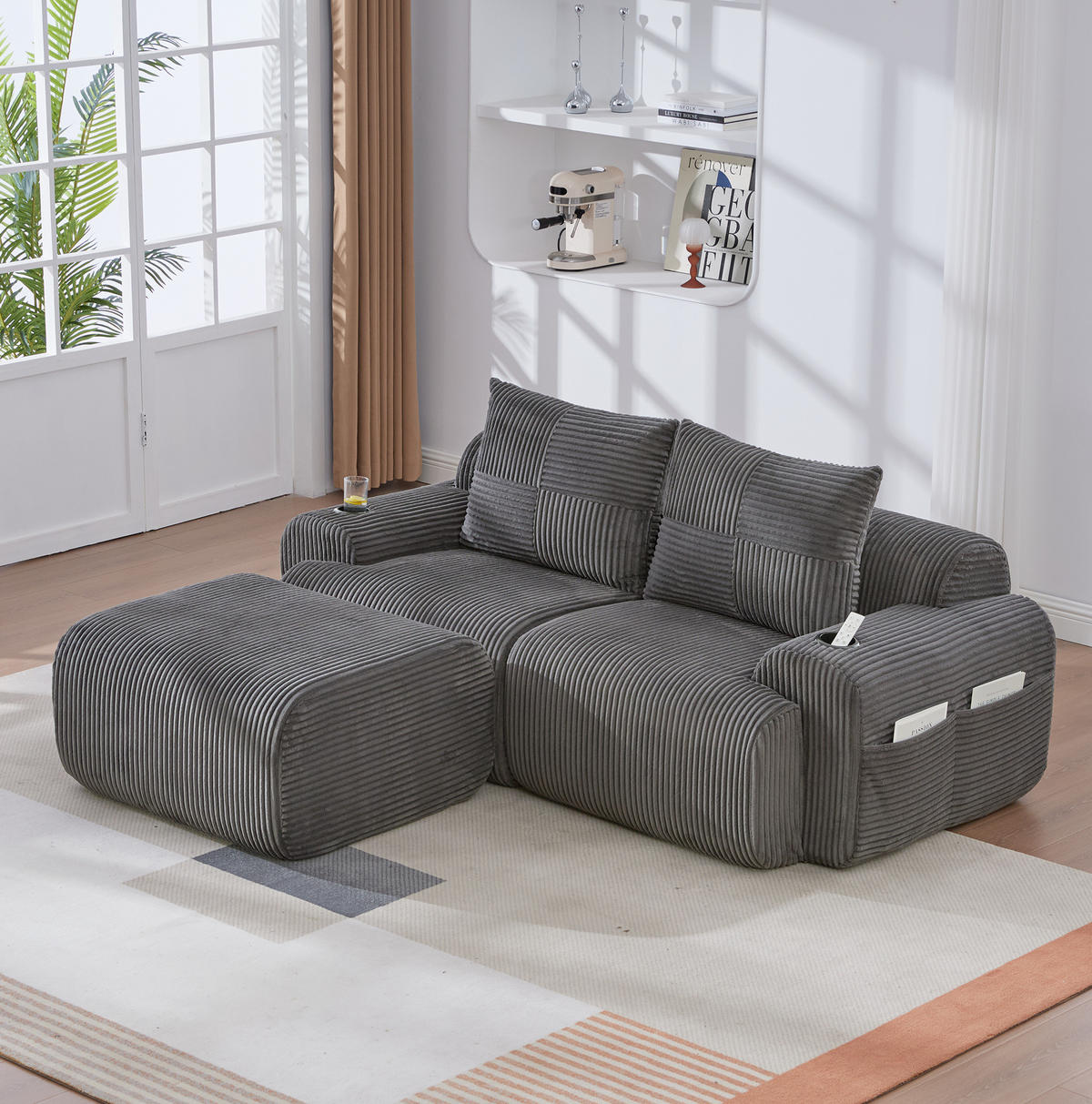 ECKSOFA 200/174/80 cm dunkelgrau aus Cord mit Cupholder und Seitentasche - Dunkelgrau, Textil (174/200cm) - OKWISH