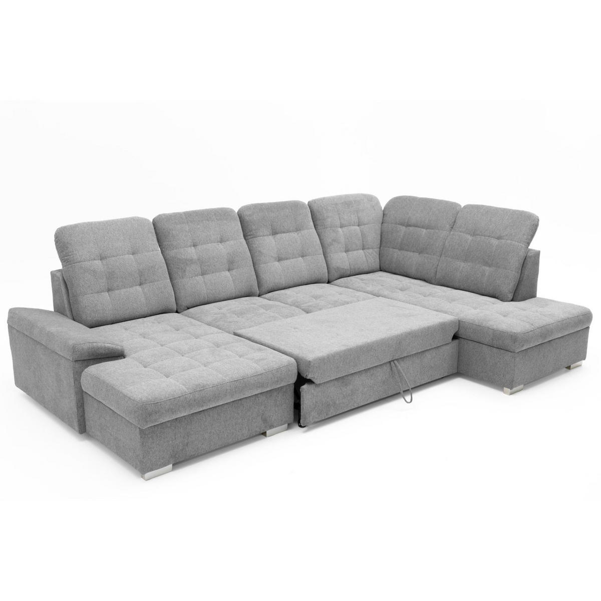 ECKSOFA U-Form OLIVIA U Rechts mit Schlaffunktion 124x257 Velours Hellgrau - Silberfarben/Hellgrau, Holz/Kunststoff (202/103/320cm) - Muffo