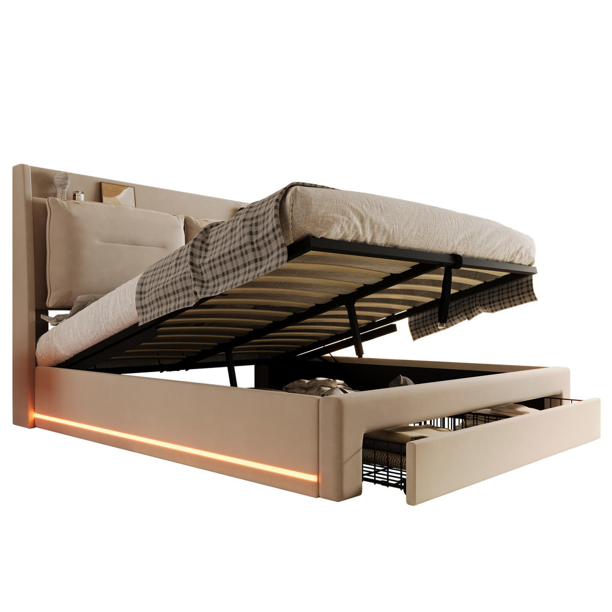 POLSTERBETT 160x200cm Beige Samt Mit LED & 2 Schubladen - Beige, Textil (160/200cm) - FLIEKS