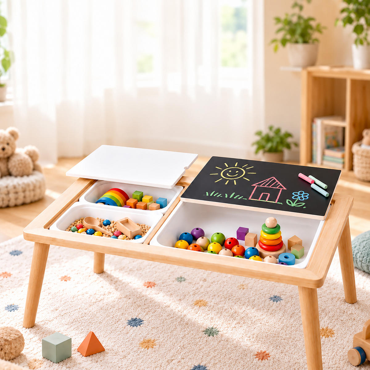 BARNBORD Natur Vit 3-i-1 med förvaring 73x53 cm - Multicolor, Trä/Plast (73/50/53cm) - Relaxdays