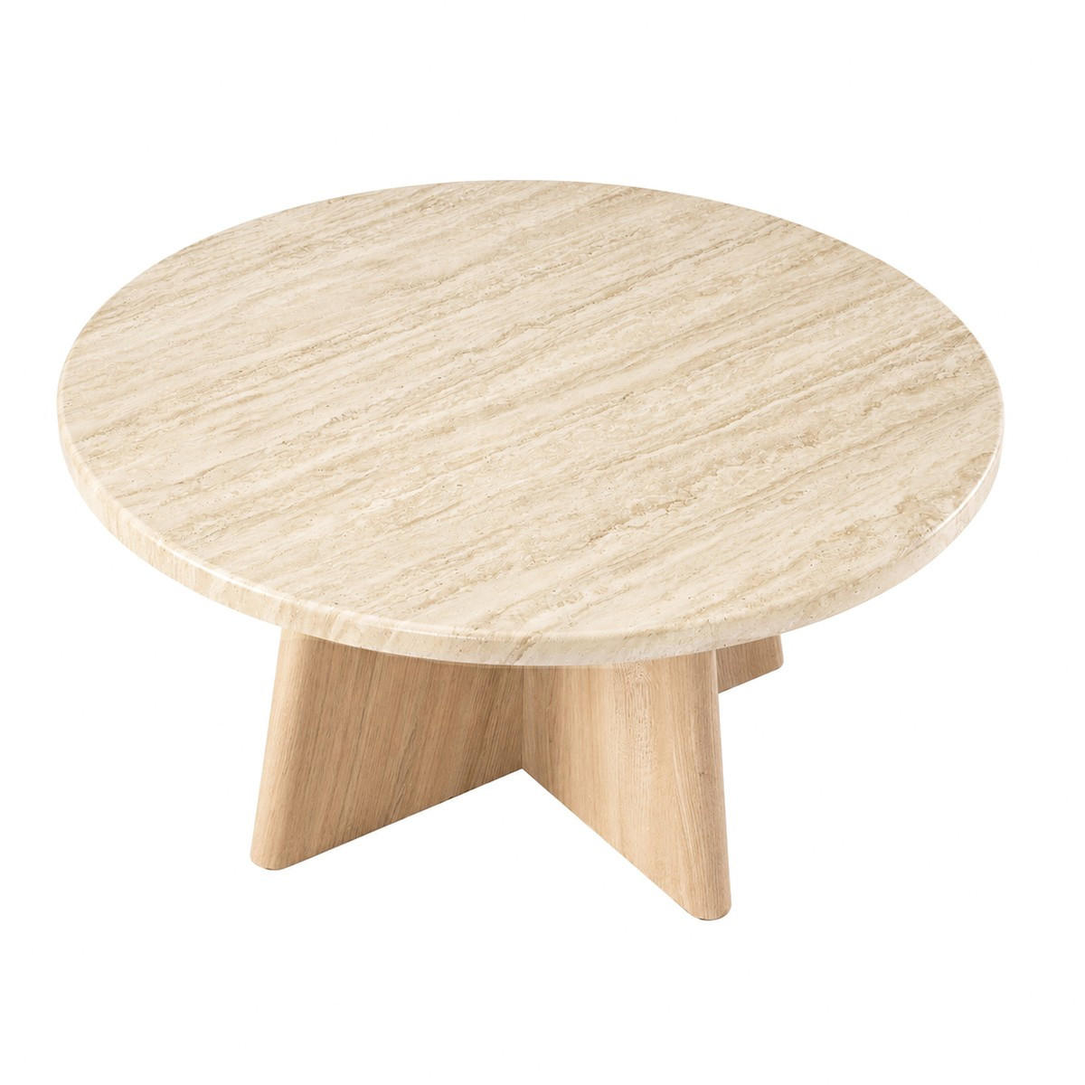 KULATÝ konferenční stolek s travertinovou úpravou a dubovou podnoží, průměr 80 cm - AGÁT - béžová, kompozitní dřevo (80/40/80cm) - Calicosy