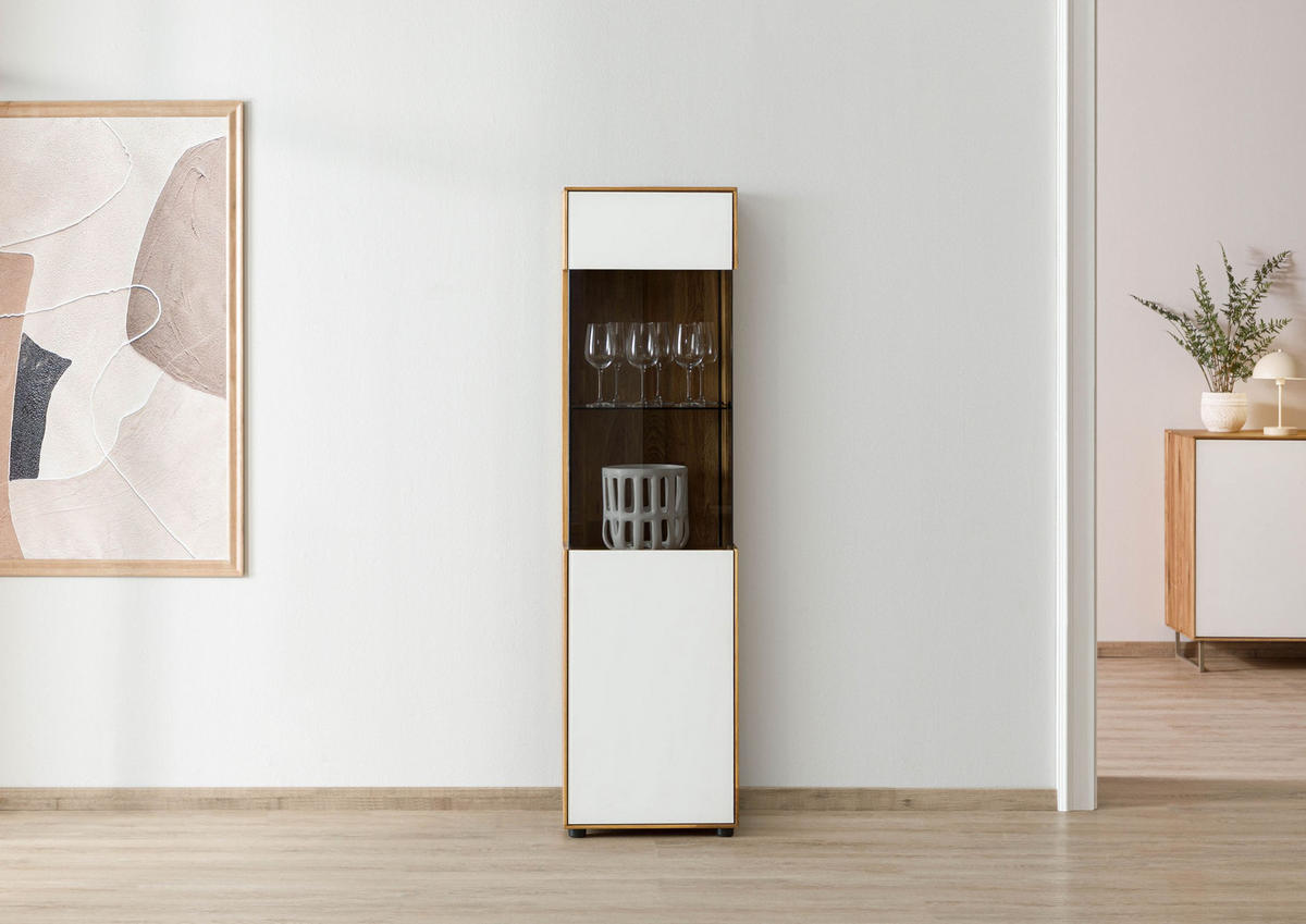 VITRINE Wildeiche 45x38x168 natur geölt / Glas weiß WIEN #130 - Braun, Holz (45/168/38cm) - Massivmoebel24