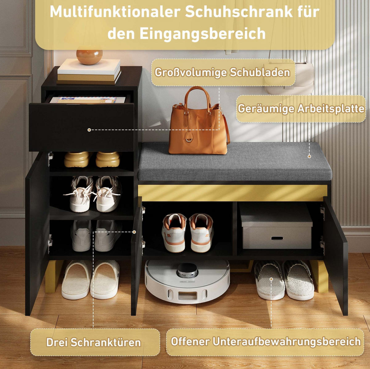 SCHUHSCHRANK 120/35/85 cm in Schwarz mit Sitzkissen und Schublade - Schwarz, Holzwerkstoff (120/85/35cm) - Flora Grace