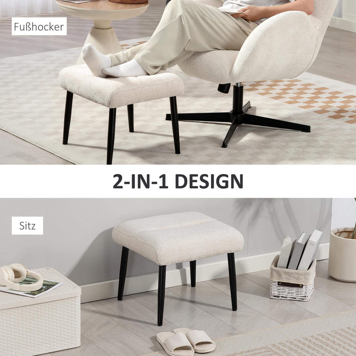 SITZHOCKER mit Stahlbeinen Fußhocker Chenille-Stoff - Creme/Schwarz, Textil/Metall (41/38/45cm) - HOMCOM