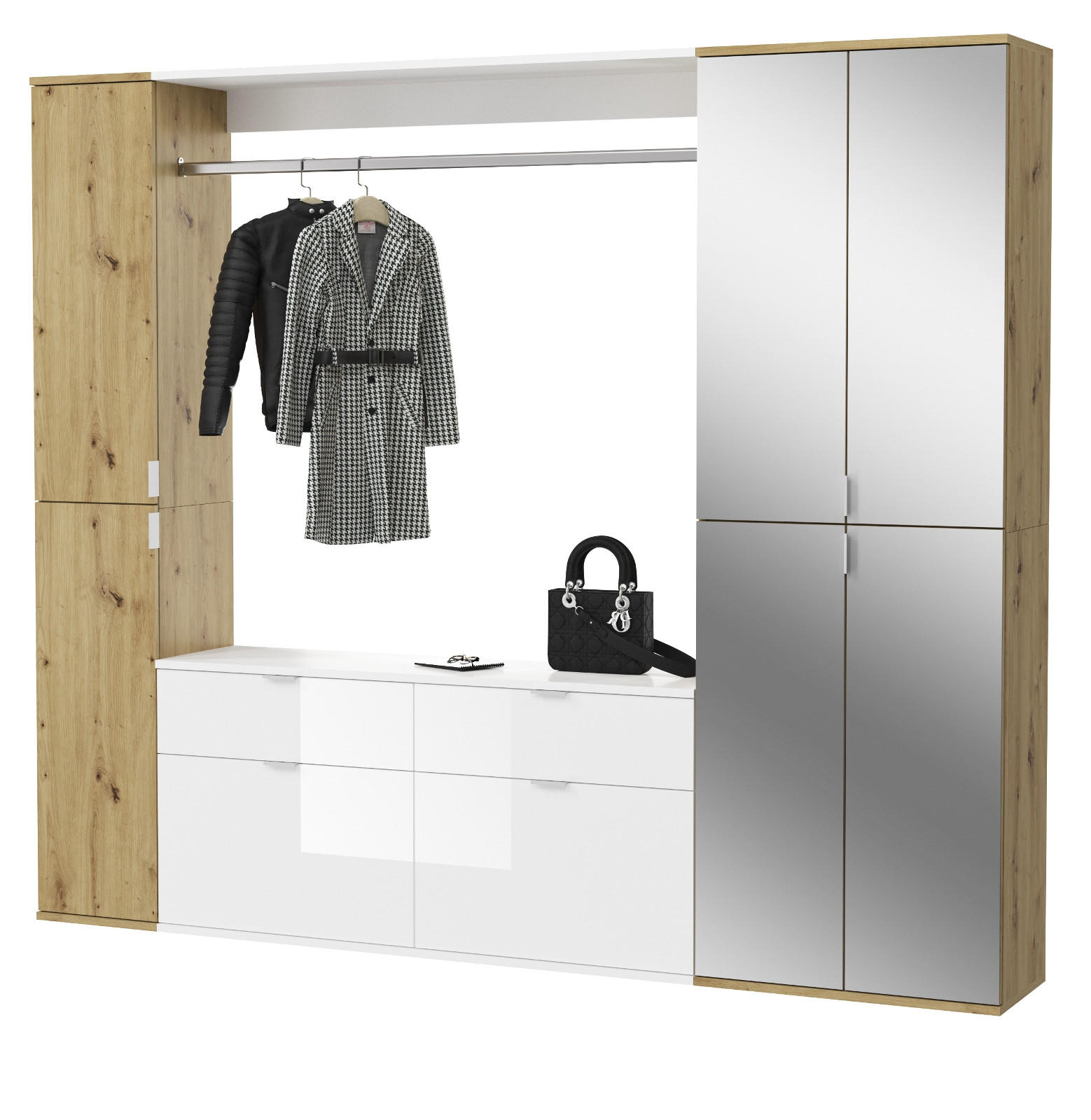 Inn.Furn Garderoben-Set Weiß Hochglanz, Eiche Artisan 212x193x34 cm