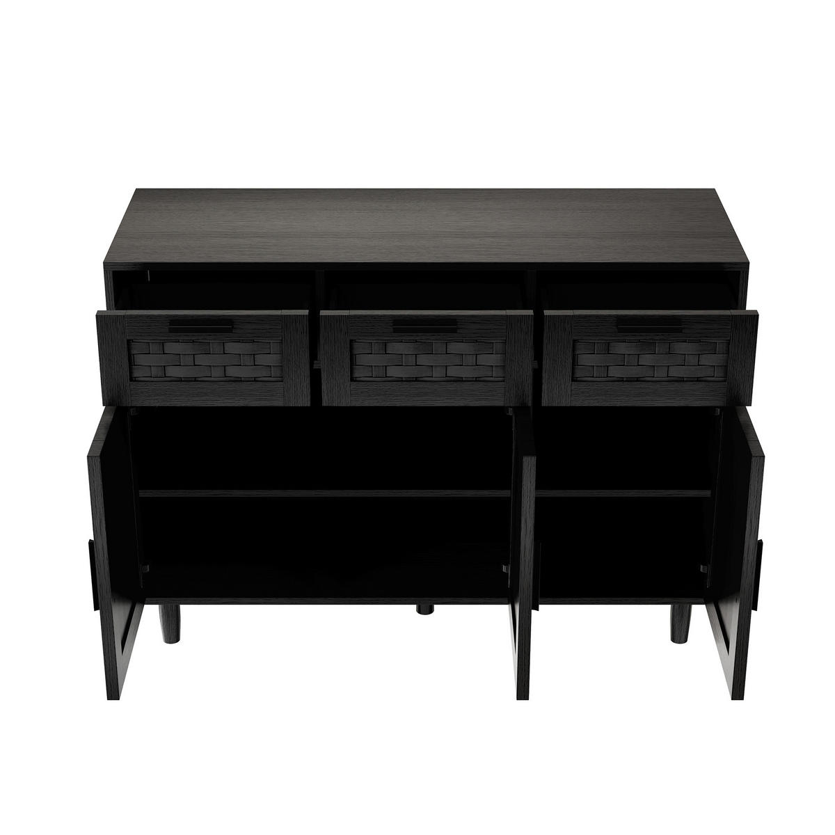 SIDEBOARD im Rattan-Look für das Esszimmer, Aufbewahrungsschrank aus Naturholz, Wohnzimmerschrank mit 3 Schubladen und 3 Türen, schwarz - Schwarz, Holz (40/80/107.9cm) - WoodenAura