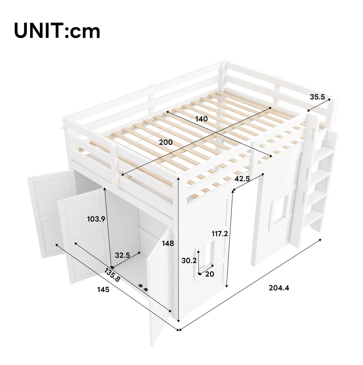 HOCHBETT 140/200 cm mit Kleiderschrank, 2 Fenstern und LED-Beleuchtung, aus Holz, Weiß - Weiß, Holzwerkstoff (140/200cm) - Redom