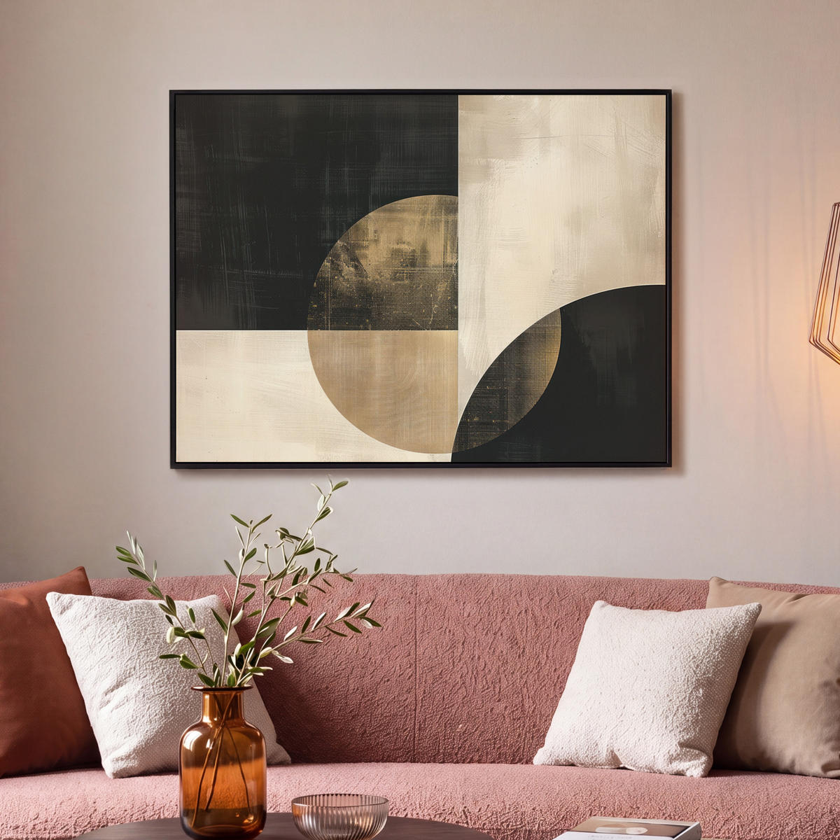 LEINWAND Bilder mit Rahmen - Abstrakt - Geometrische Formen - Schwarz - Gold - 100x70 - Ecru, Textil (100/70cm) - MuchoWow