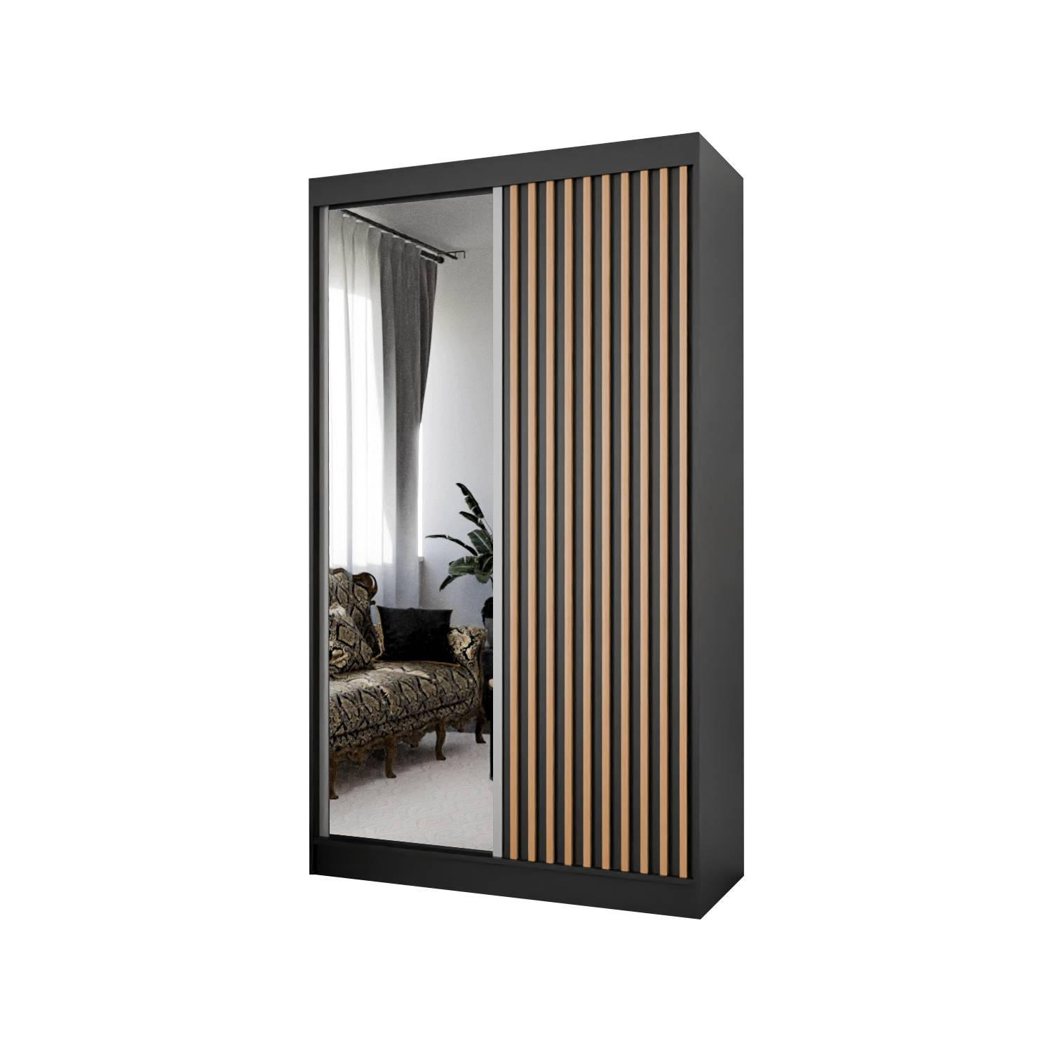 SCHIEBETÜRENSCHRANK LAMELIS - Eiche Wotan/Schwarz, Holzwerkstoff (120/215/61cm) - Meblini