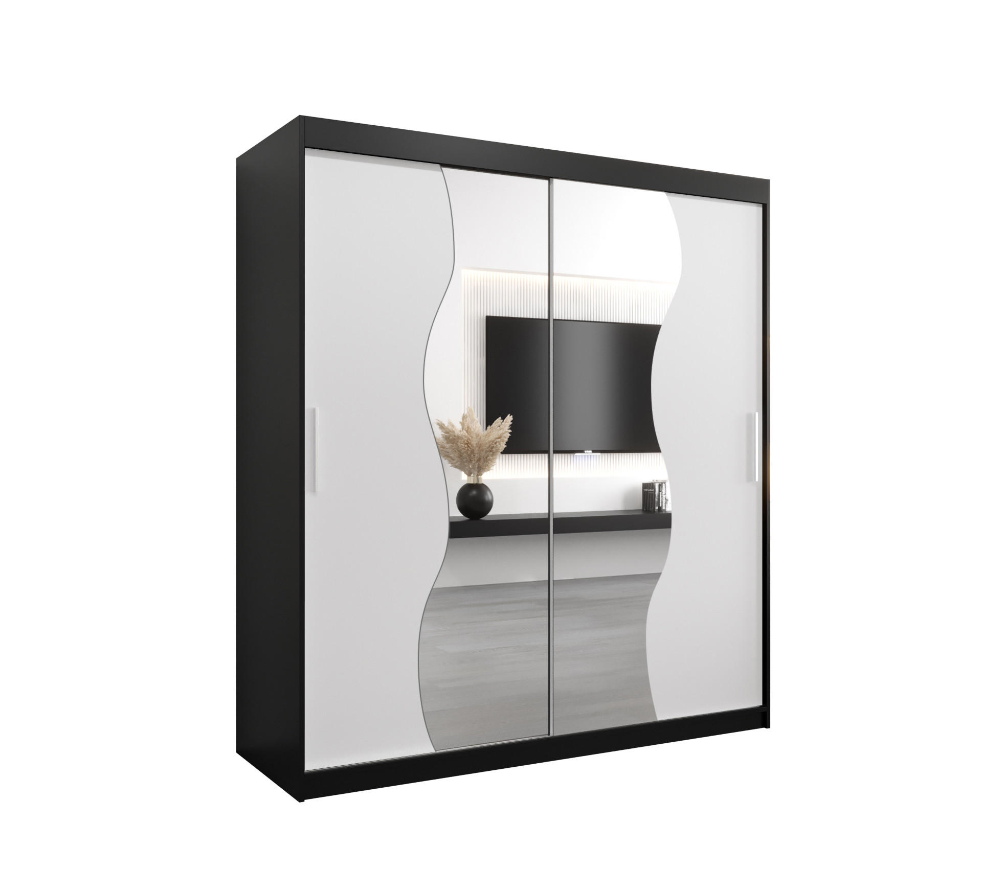 Abiks Möbel Schwebetürenschrank Schwarz, Weiß 180x200x62 cm