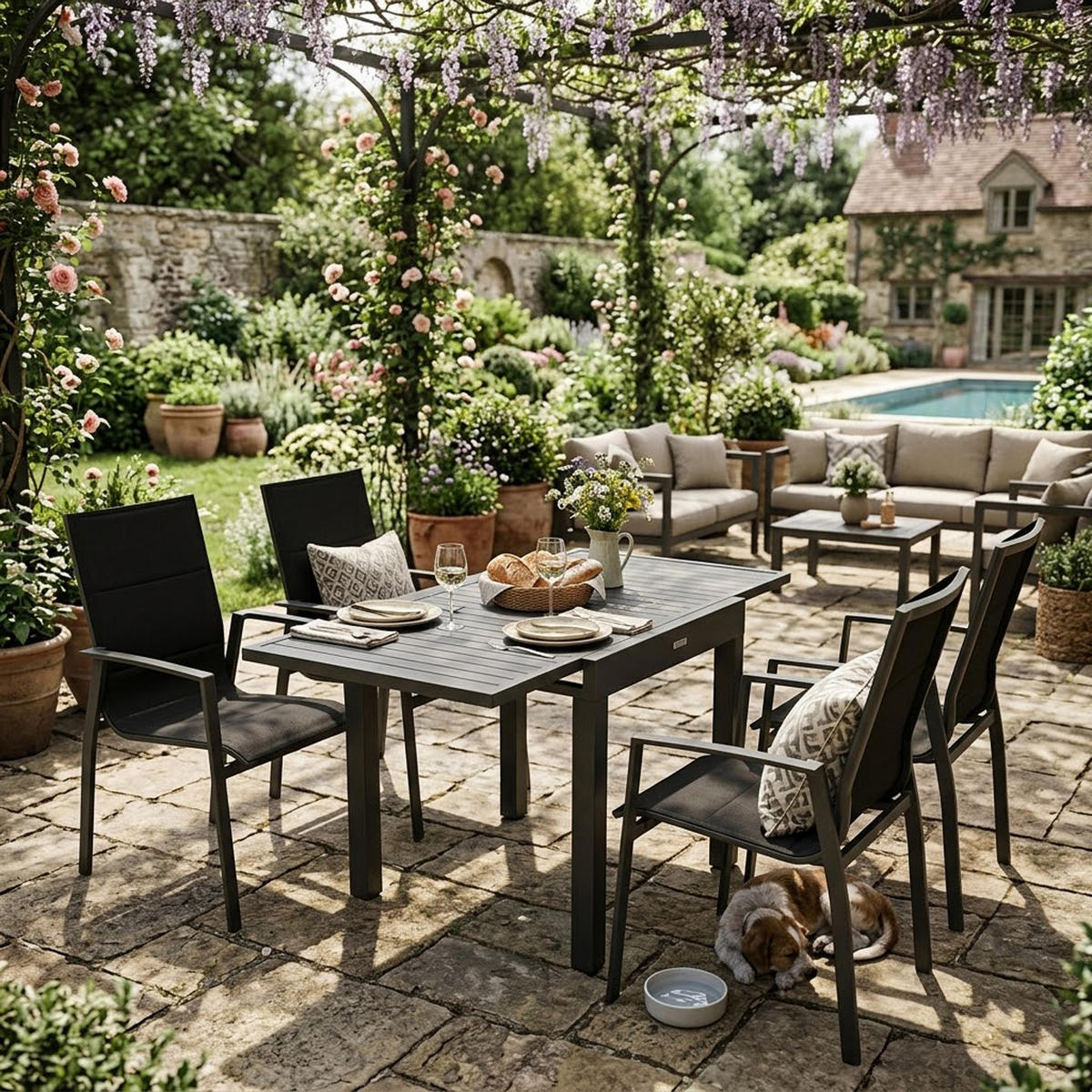GARTEN-GARNITUR Sunderland - 5-teilig - Schwarz, Metall - TPFGarden