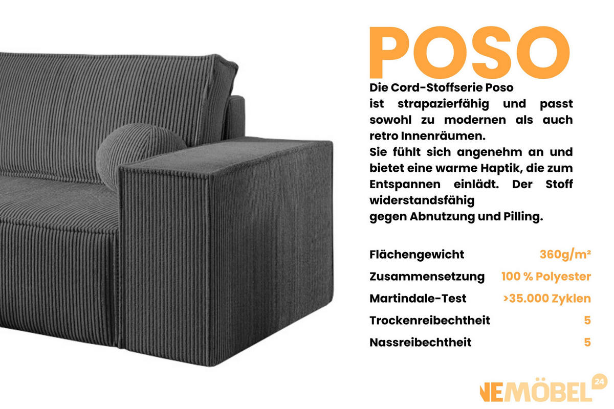 ECKSOFA NEPTUN 255/148 in Cord Anthrazit rechts - Anthrazit, Holz/Holzwerkstoff (255/148cm) - Deine Möbel 24