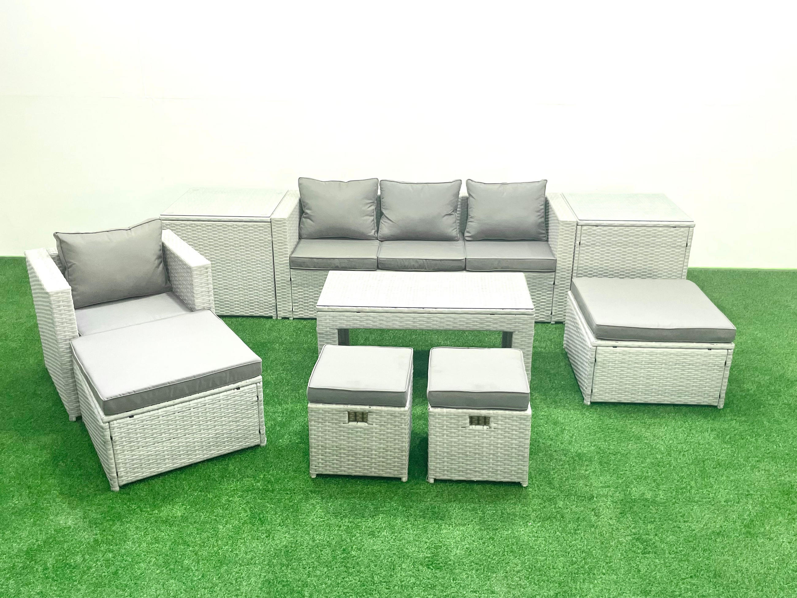 BALKONMÖBEL-SET Polyrattan Hellgrau-Mix 8-teilig - Hellgrau/Grau, Glas/Kunststoff - Fimous
