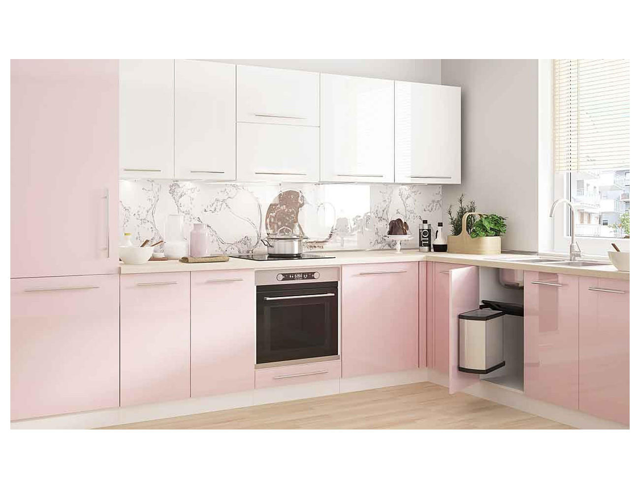 WINKELKÜCHE Brerra Cdb hellrosa / reinweiß lackiert / weiß matt 12-teilig - Hellrosa/Weiß, Holzwerkstoff (310/210/207cm) - Feldmann-Wohnen