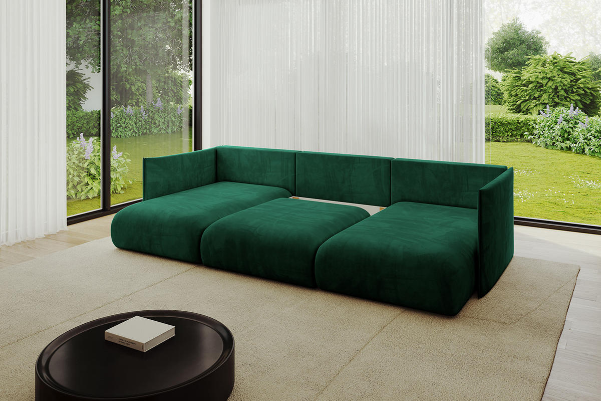 WOHNLANDSCHAFT mit Schlaffunktion und Bettkasten ONESK-U 304x165x40 Dunkelgrün Velours - Dunkelgrün, Holzwerkstoff/Kunststoff (304/90/165cm) - ALTDECOR