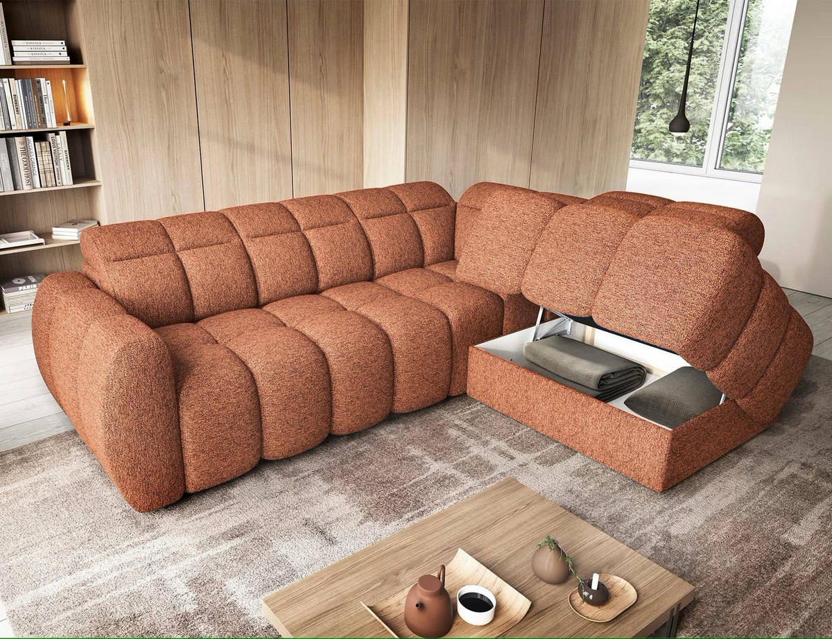 ECKSOFA mit elektrischem Sitzvorschub, Bettkasten und verstellbare Kopflehnen - Orange, Naturmaterialien/Textil (208/258cm) - Eltap