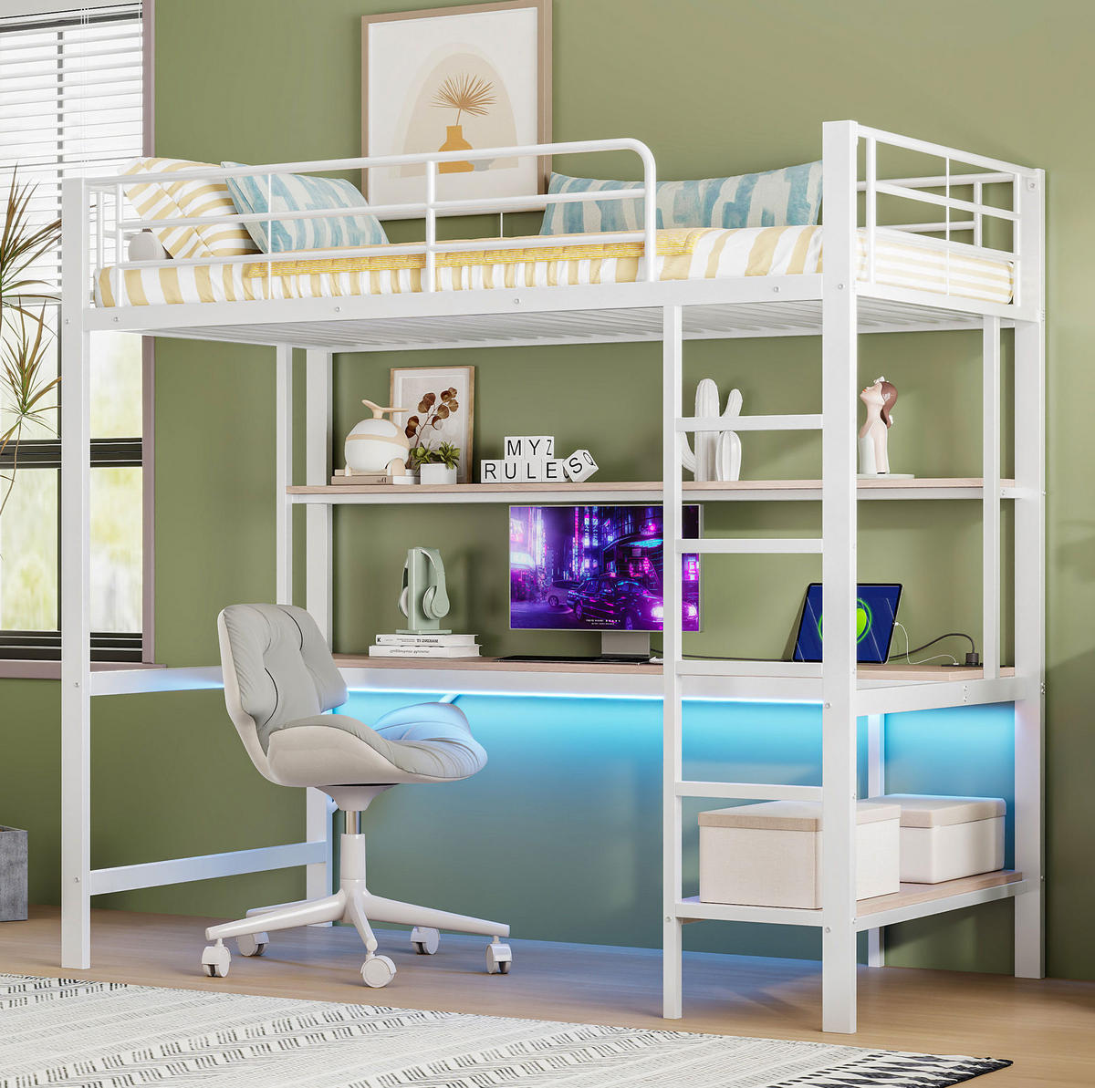 HOCHBETT 90/200 cm mit Geländer USB und LED-Beleuchtung Schreibtisch und Regalen mit Matratze - Weiß, Metall (90/200cm) - OKWISH