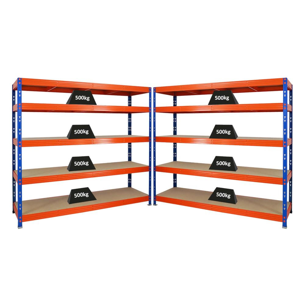 SCHWERLASTREGAL Rhino 2er-Set mit 2x 180x200x60 cm 5 Spanplatten-Ebenen 8mm Fachlast 500 kg Blau/Orange - Orange, Metall (400/180/60cm) - PROREGAL