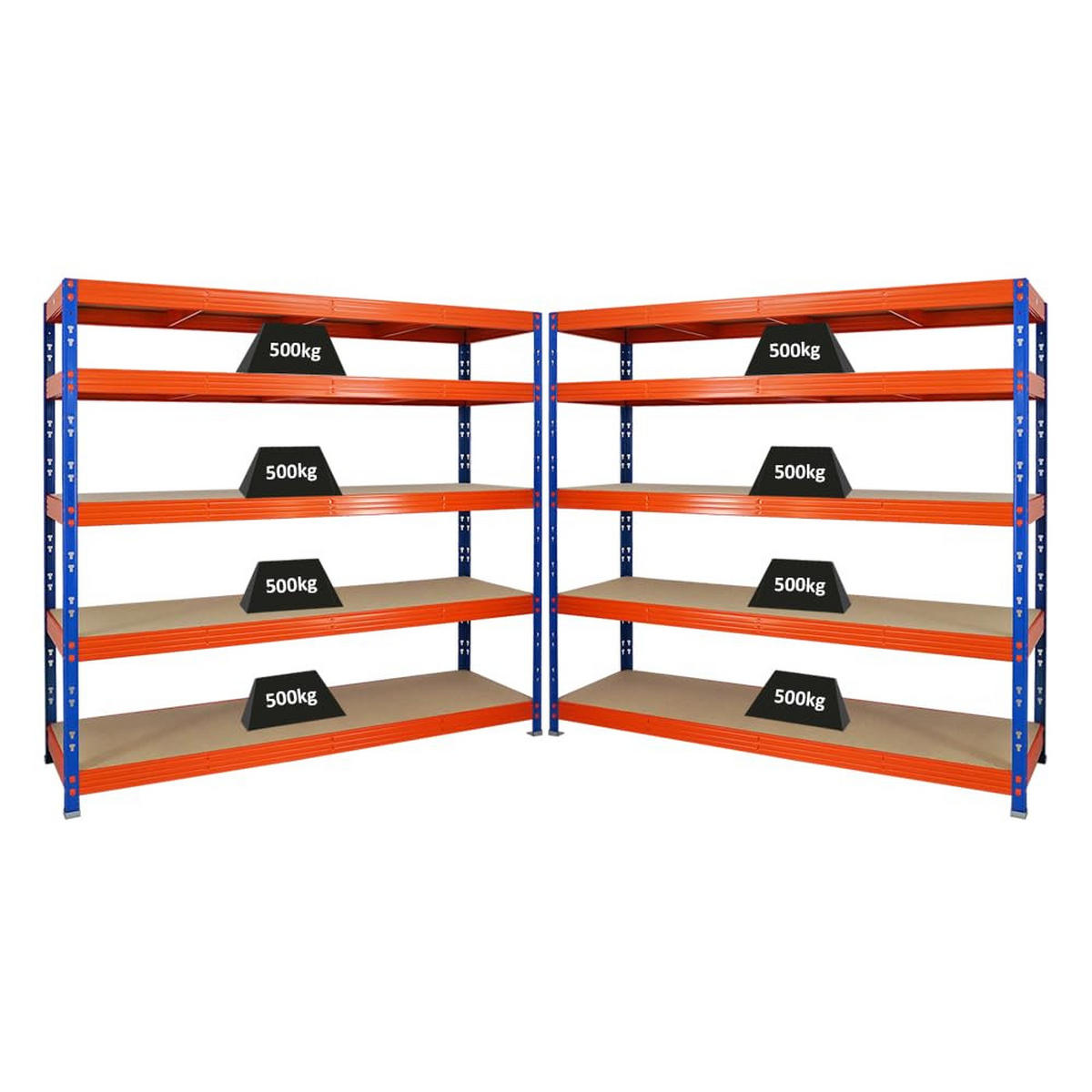 SCHWERLASTREGAL Rhino 2er-Set mit 2x 180x200x60 cm 5 Spanplatten-Ebenen 8mm Fachlast 500 kg Blau/Orange - Orange, Metall (400/180/60cm) - PROREGAL