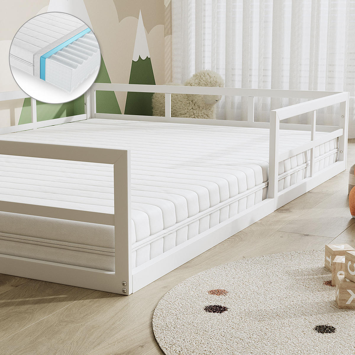 BODENBETT AUS METALL Minno Weiß 140x200 mit Matratze - Weiß, Metall - VitaliSpa