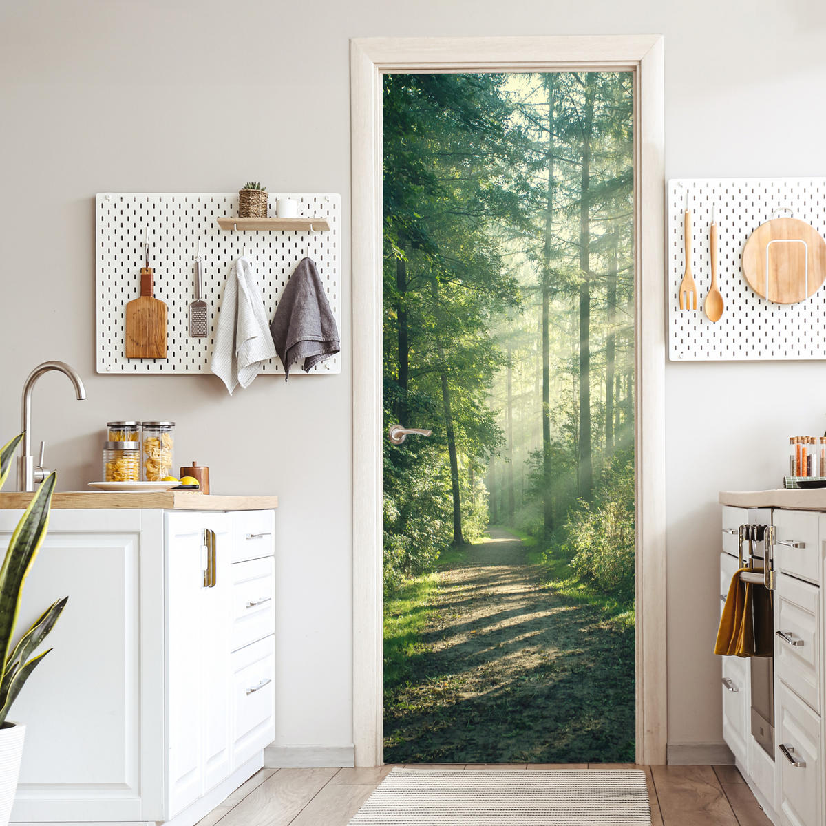 TÜRAUFKLEBER Wald - Weg - Sonne - Bäume - Grün - Natur Deko Wohnzimmer 95x235 cm - Türtapete - Waldgrün, Kunststoff (95/0.1cm) - MuchoWow