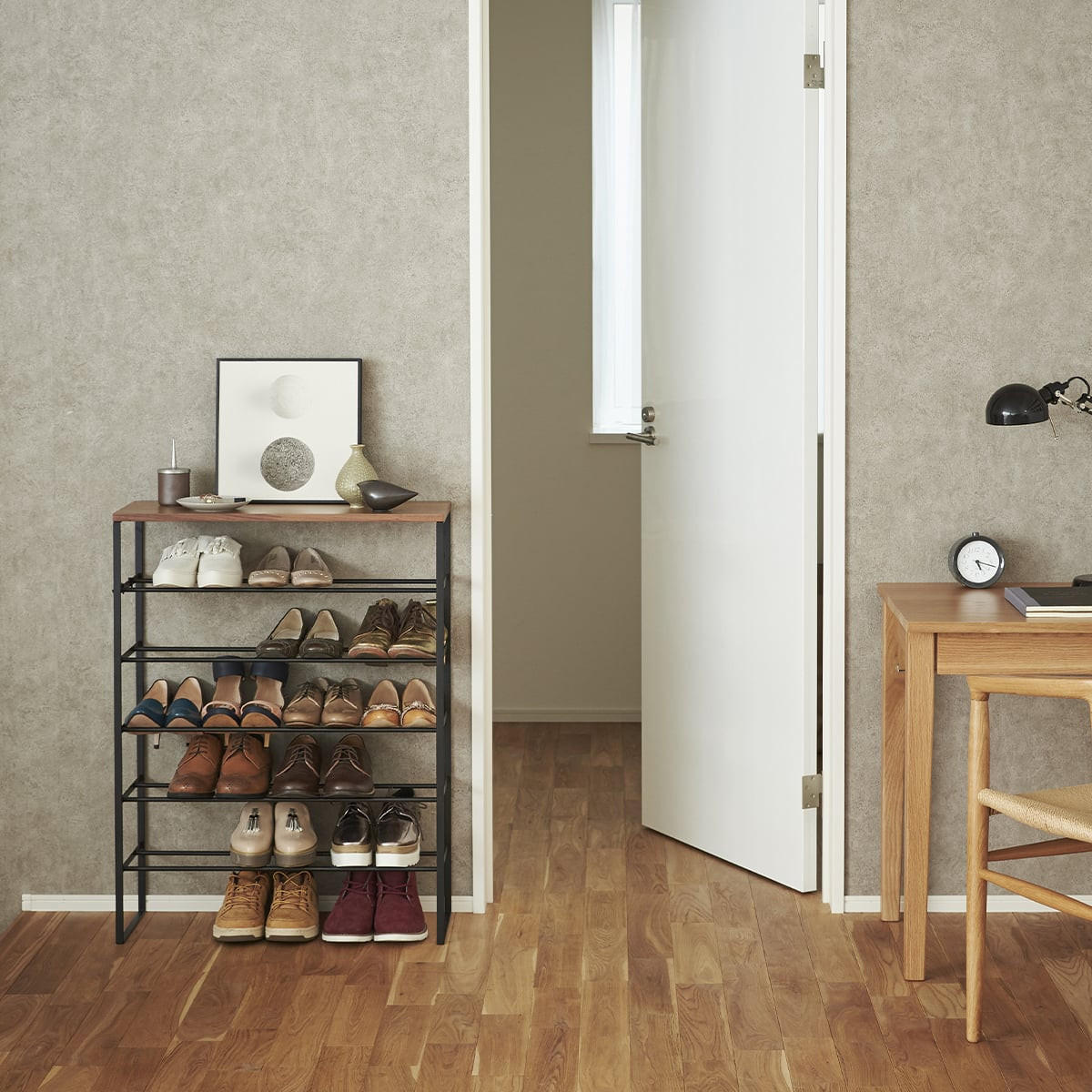 SCHUHREGAL mit 5 Ebenen aus Holz und schwarzem Metall Tower - L66 cm - Schwarz, Metall (25/87/66cm) - Yamazaki