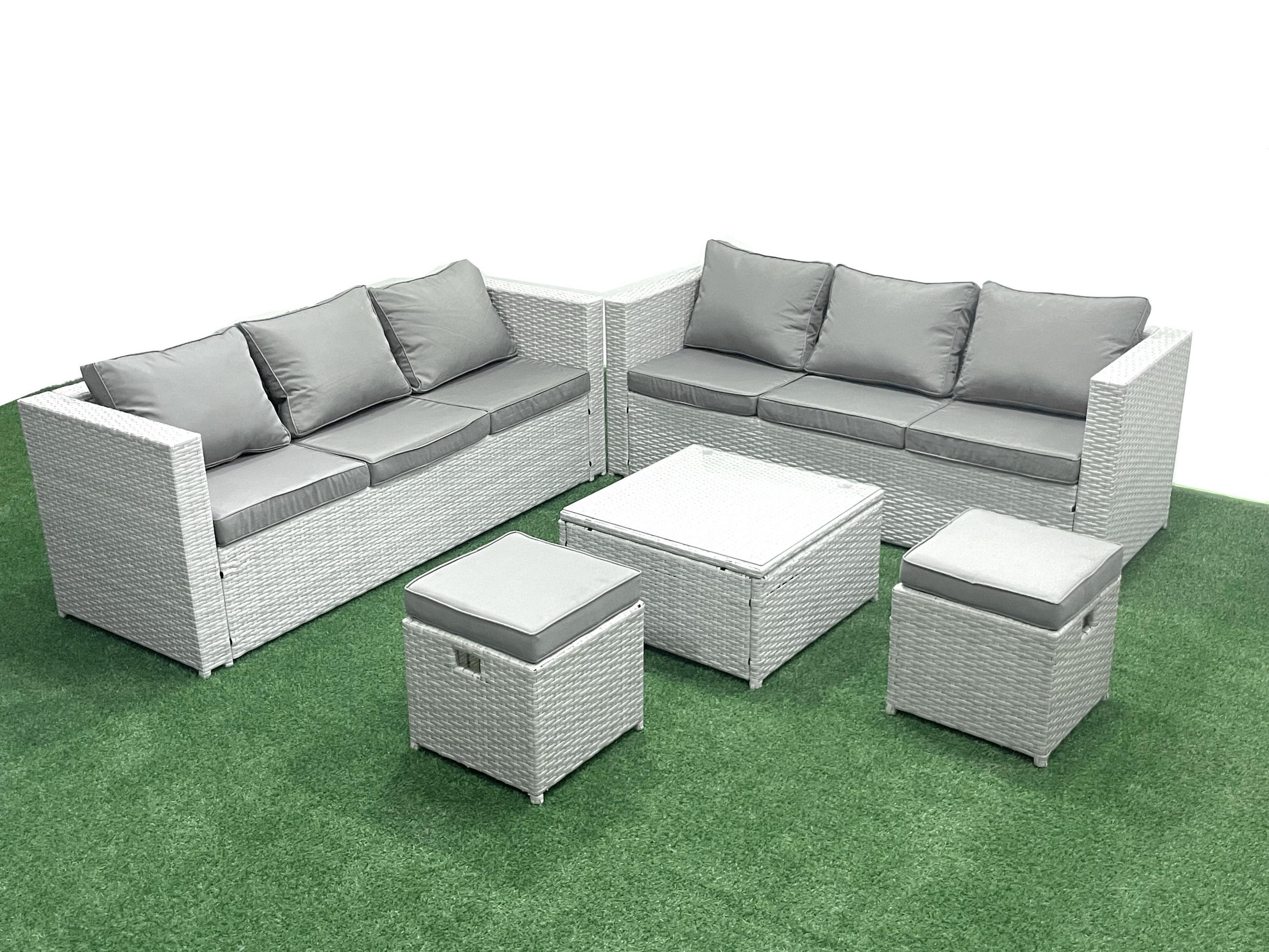 GARTENMÖBELSET mit 3-SITZER SOFA,COUCHTISCH Polyrattan Hellgrau-Mix 8-Sitzer - Hellgrau/Grau, Glas/Kunststoff - Fimous