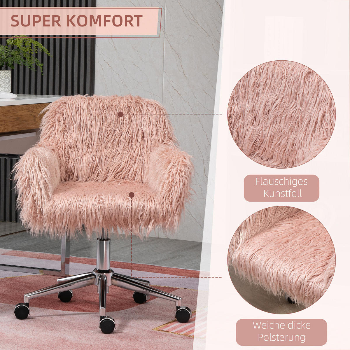 CHEFSESSEL, Schaumstoff, Rosa+Silber - Multicolor, Fell (60/85/57cm) - Vinsetto
