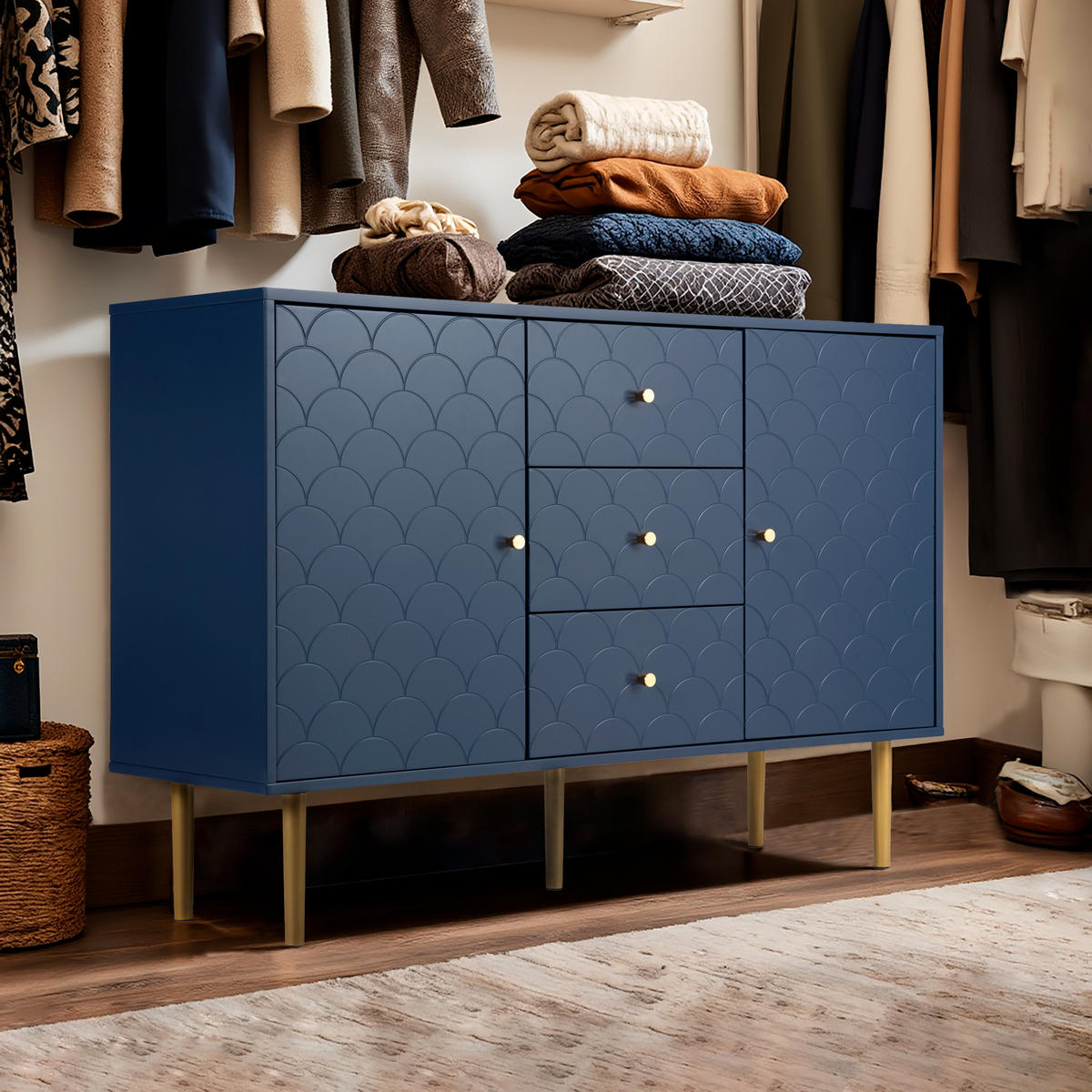 SIDEBOARD 2 Türen und 3 Schubladen, Verstellbare Ablage Blau 120/40/82CM - Blau, Holzwerkstoff/Metall (40/82/120cm) - Urban Meuble