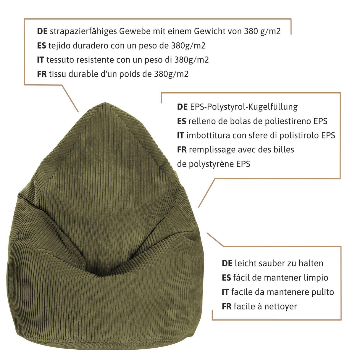 SITZSACK MIT FUßSTÜTZE Kordsamt 2-tlg Dark Olive M - Dunkelgrün/Olivgrün, Textil (80/120/80cm) - Dreamroots