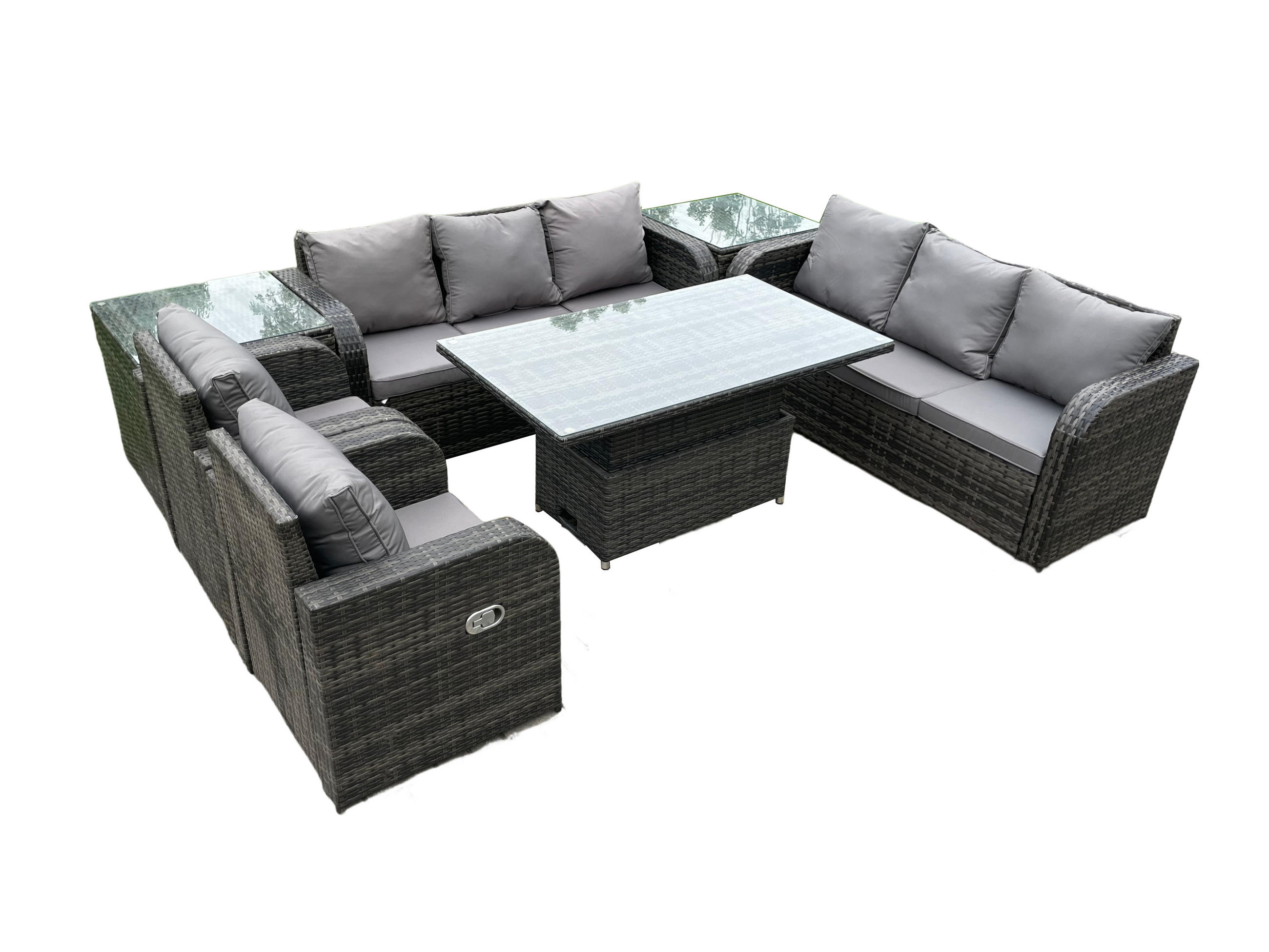 GARTENSOFA SET Polyrattan 8-Sitzer - Dunkelgrau/Grau, Glas/Kunststoff - Fimous