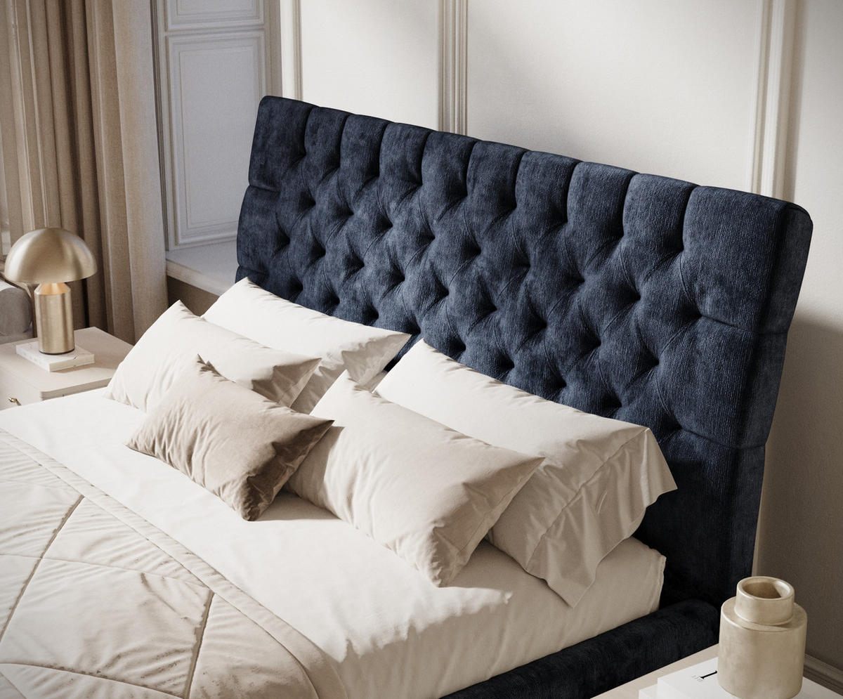 POLSTERBETT Vezzola Marineblau 180/200 cm im Chenille-Stoff - Naturfarben/Dunkelblau, Holz/Holzwerkstoff (180/200cm) - Maison de Reve