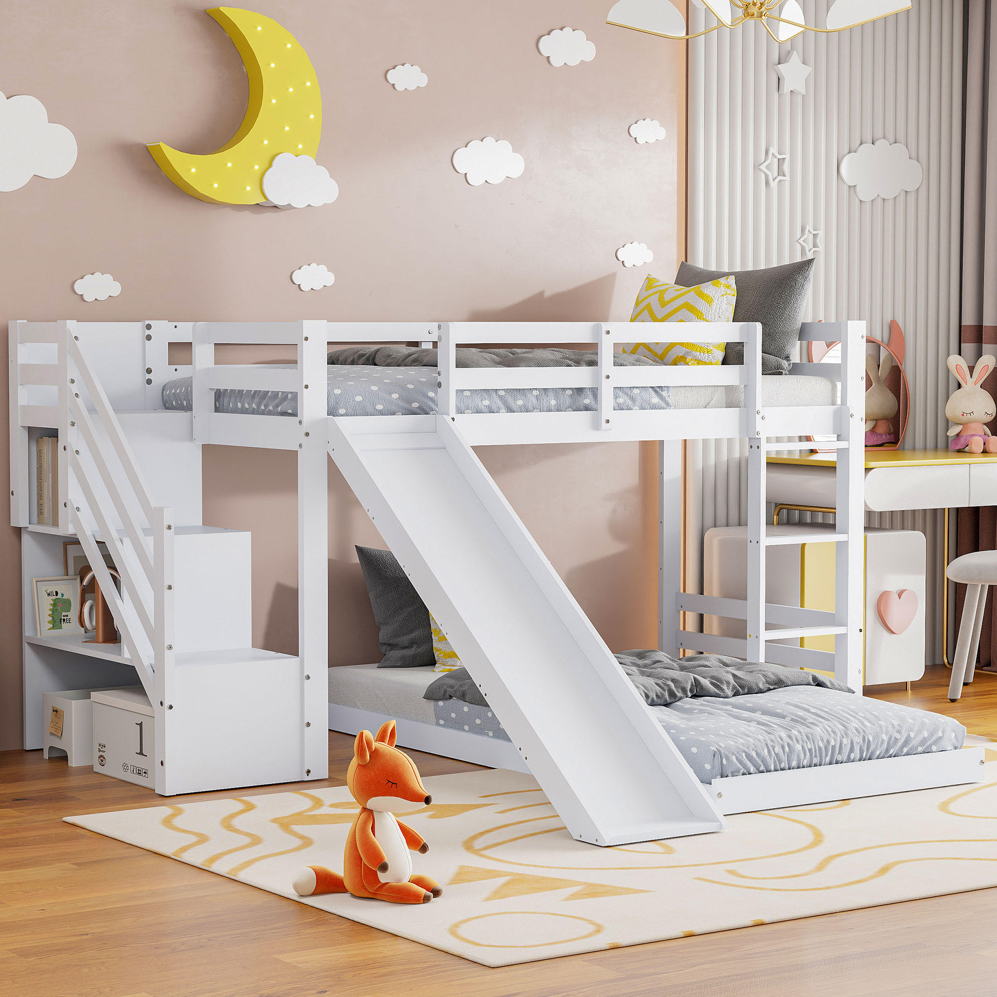 ETAGENBETT 90x200cm Treppe und Rutsche, Weiß - Weiß, Holz (90/200cm)