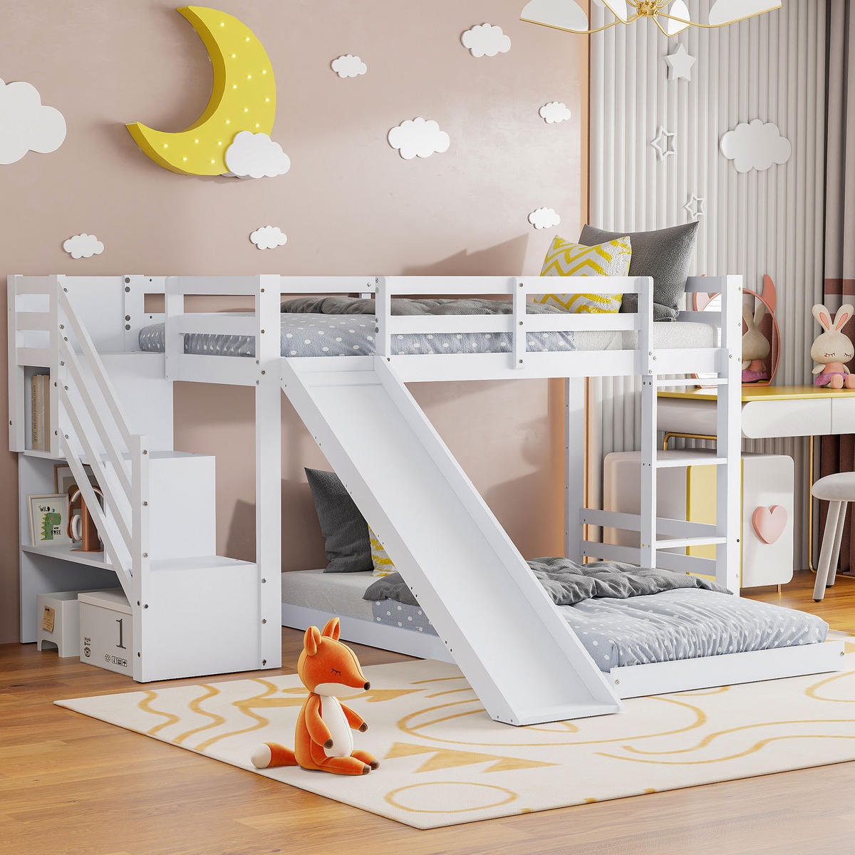 ETAGENBETT 90x200cm Treppe und Rutsche, Weiß - Weiß, Holz (90/200cm)