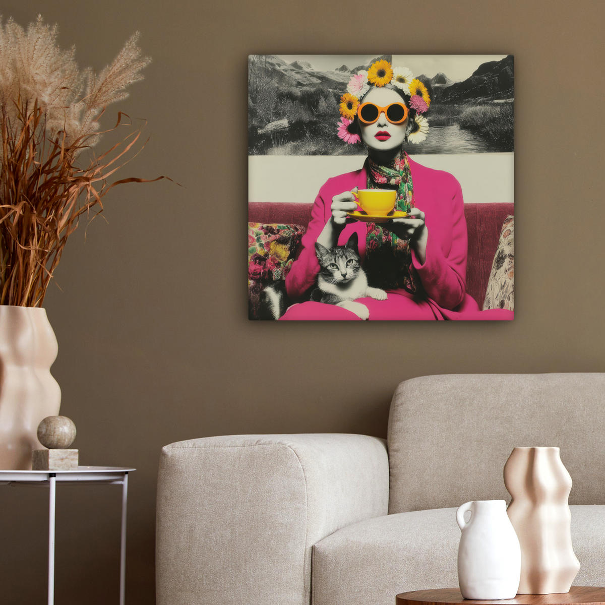 LEINWANDBILD Frau - Katze - Blumen - Tasse - Retro Wandbild Wohnzimmer 50x50 cm - Magenta, Textil (50/50cm) - MuchoWow