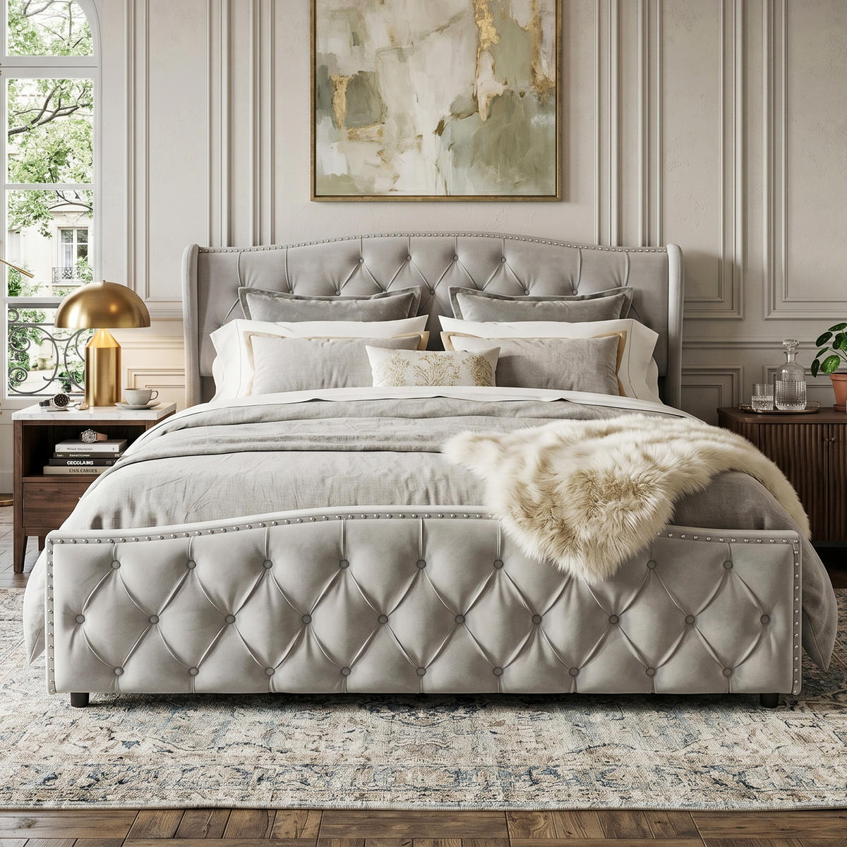 POLSTERBETT Wave-Design 140/200 cm mit Bettkasten & Nietendekor Samtstoff Grau - Grau, Textil (160/200cm) - Creahappy