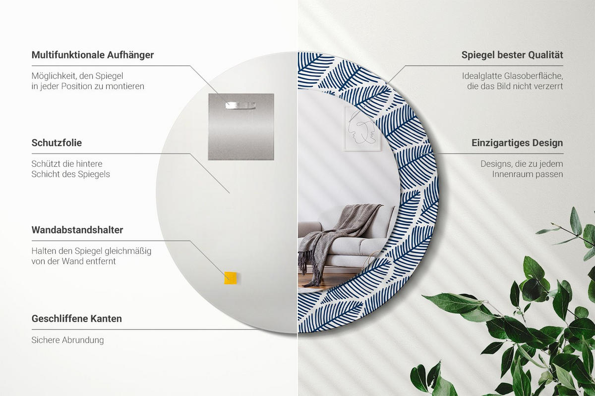 SPIEGEL Rund Ø 50 cm mit Aufdruck - Blau, Glas (50/50/0.4cm) - Wallfluent