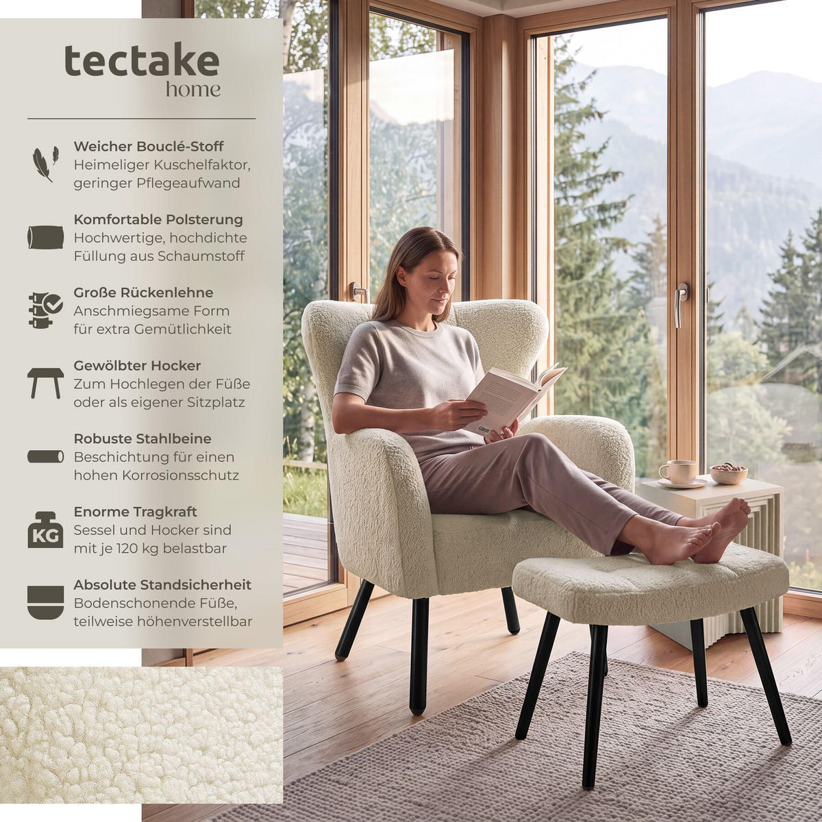 SESSEL MIT HOCKER Vänersborg, Belastbarkeit 120 kg, Bouclé creme/schwarz - Creme/Schwarz, Kunststoff (72/92/71cm) - tectake