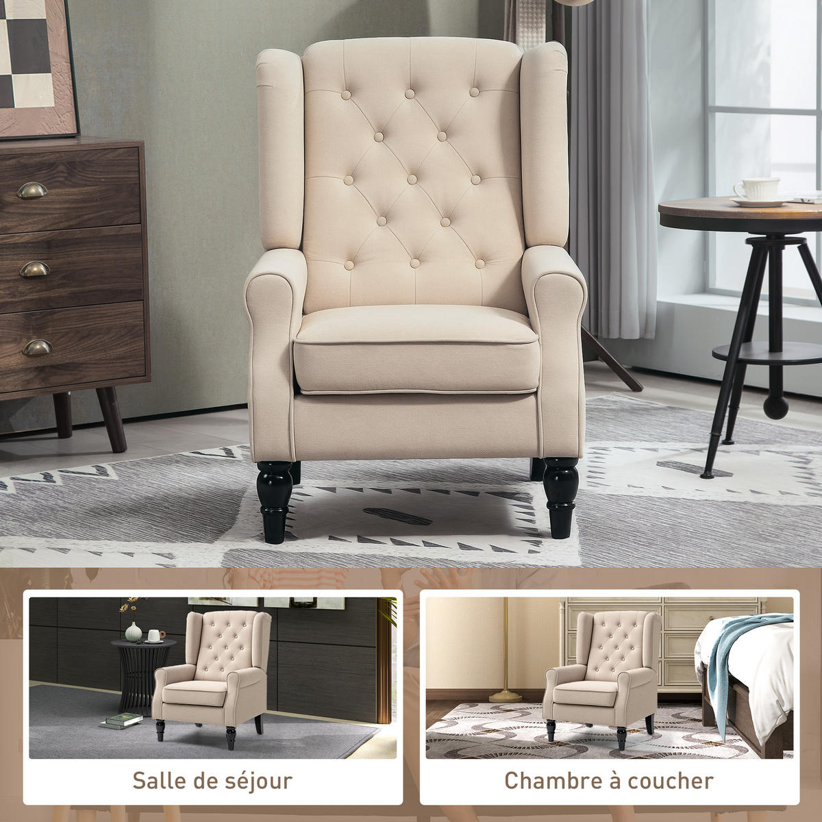 SESSEL DE-13450 klassisch mit Knopfheftung Beige - Beige, Textil (87/102/74cm) - ComfortXL
