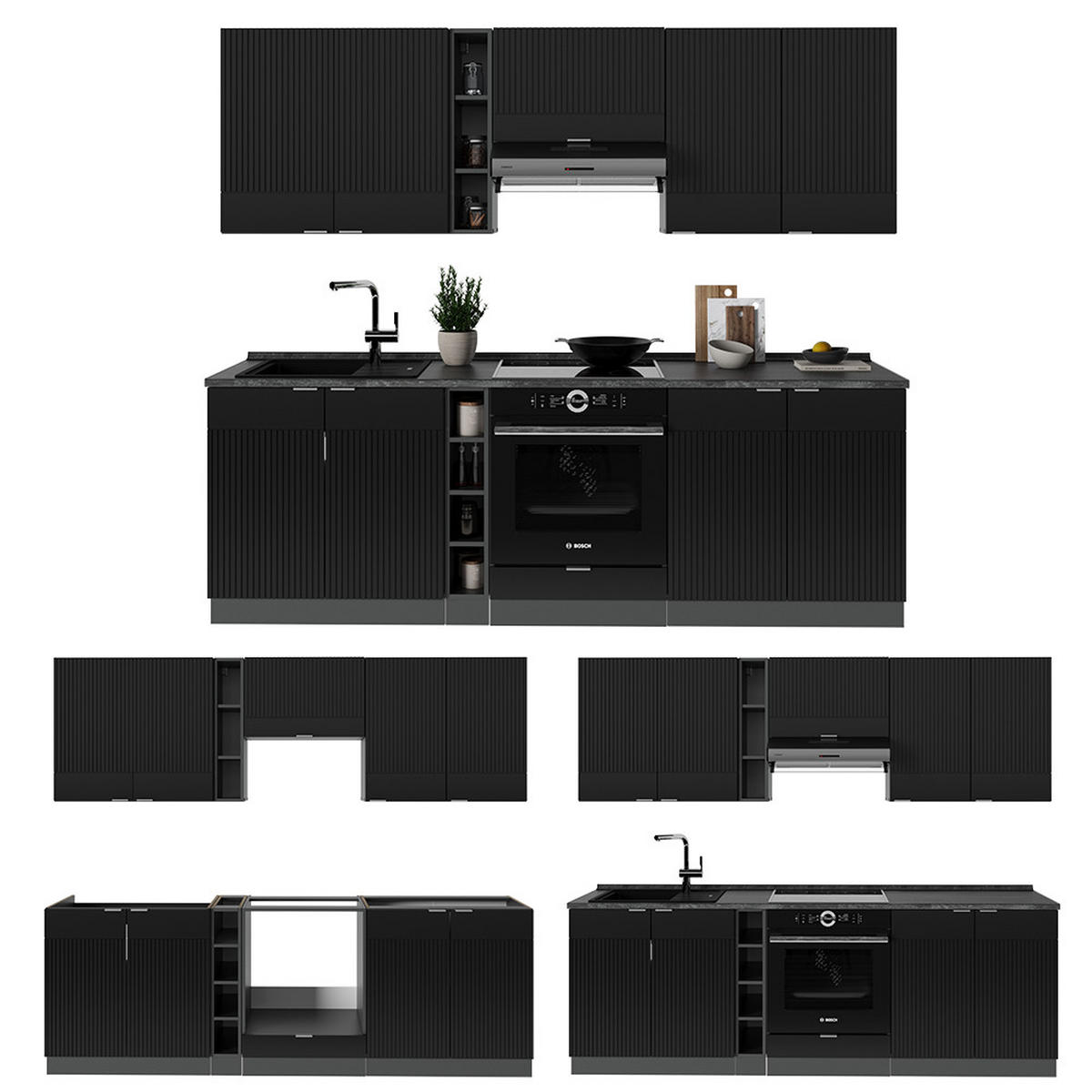 KÜCHENZEILE Fame-Line, Schwarz gestreift/Anthrazit, 235 cm, AP Marmor - Anthrazit/Schwarz, Holzwerkstoff (235/81.6/60cm) - Vicco