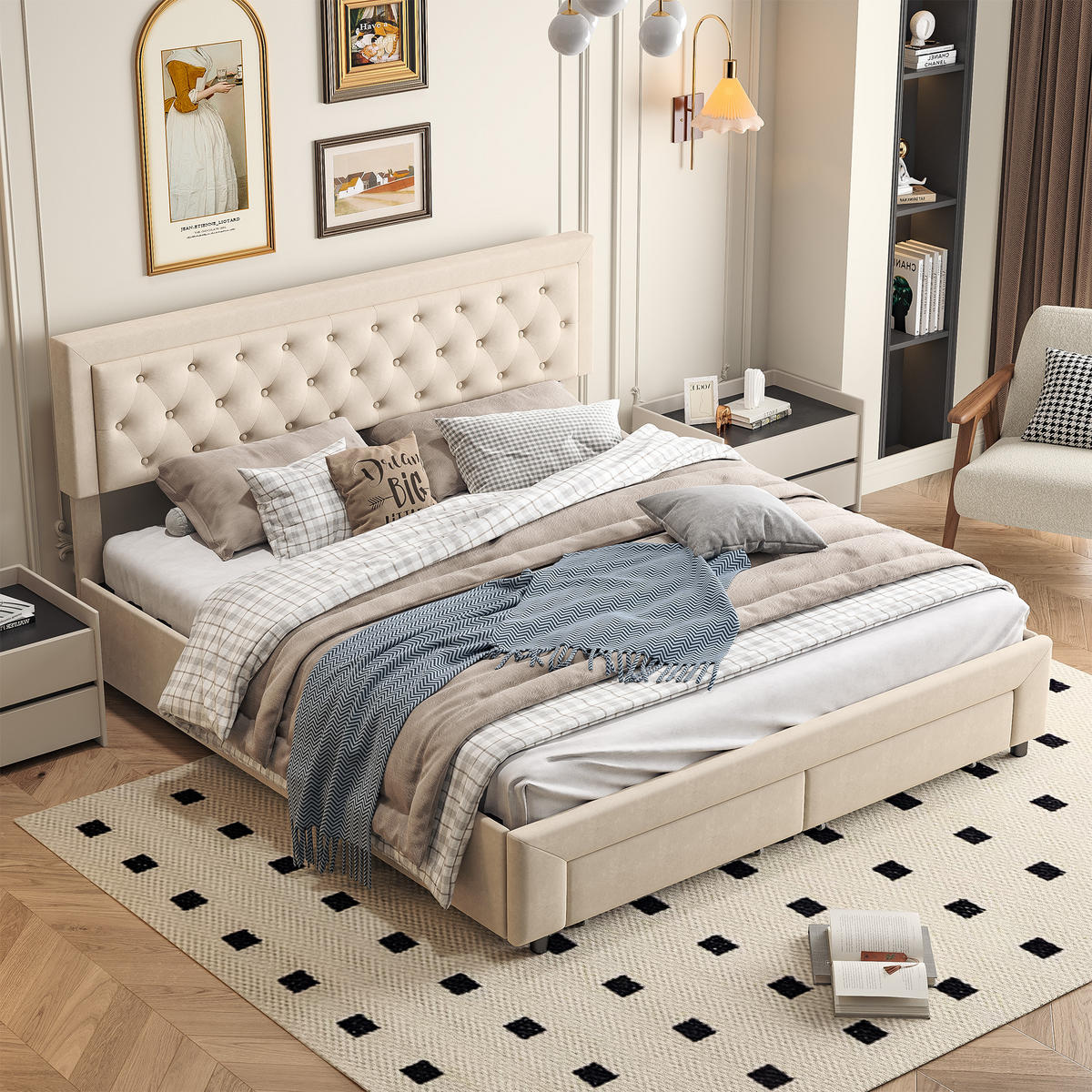 POLSTERBETT 160x200 cm Stauraum 2 Schubladen Lattenrost Samt beige - Beige, Holz (160/200cm) - LEBENLANG