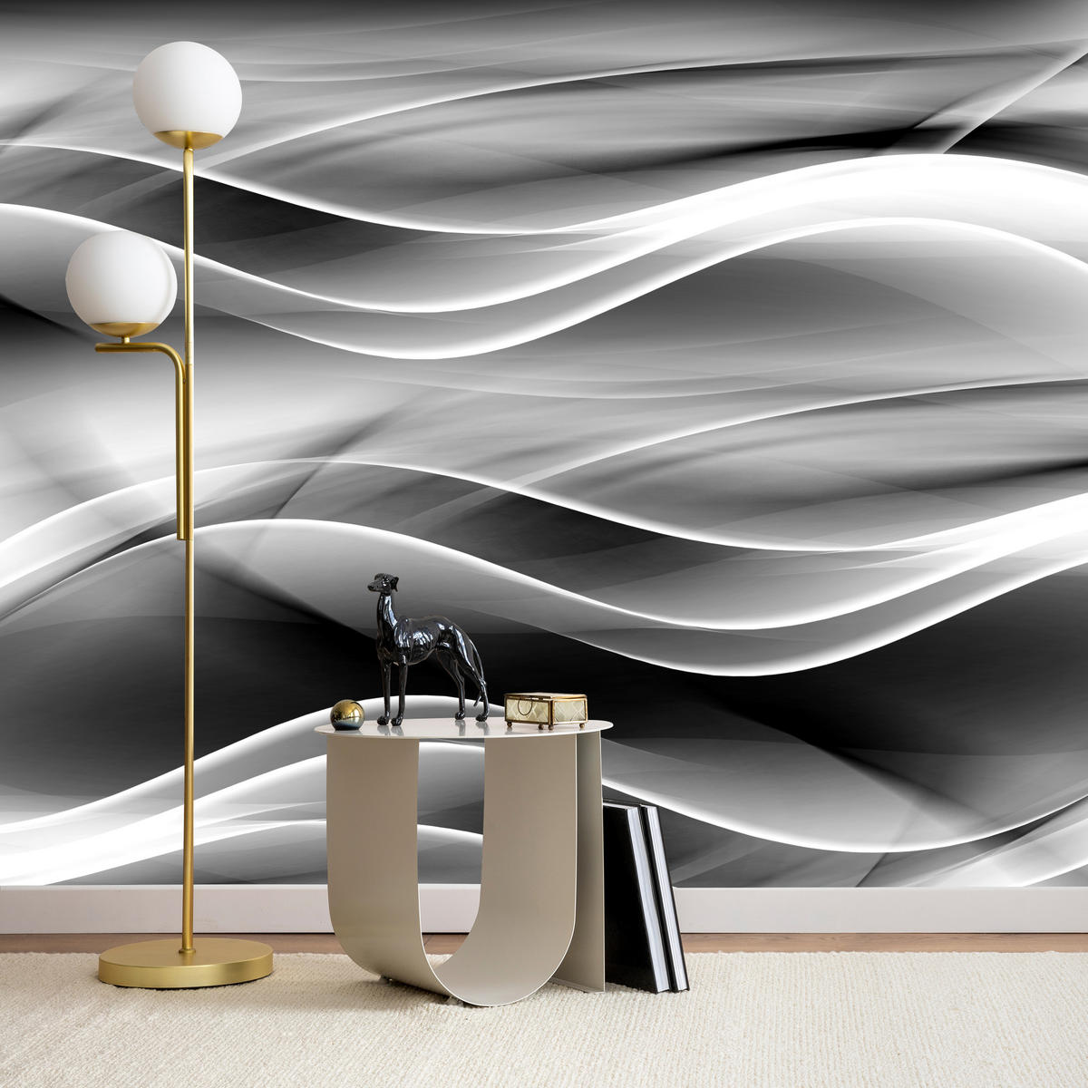 FOTOTAPETE für Badezimmer Abstrakte Monochrom Wellen Modern 100x70 - Schwarz/Weiß, Papier (100/70cm) - Muralo