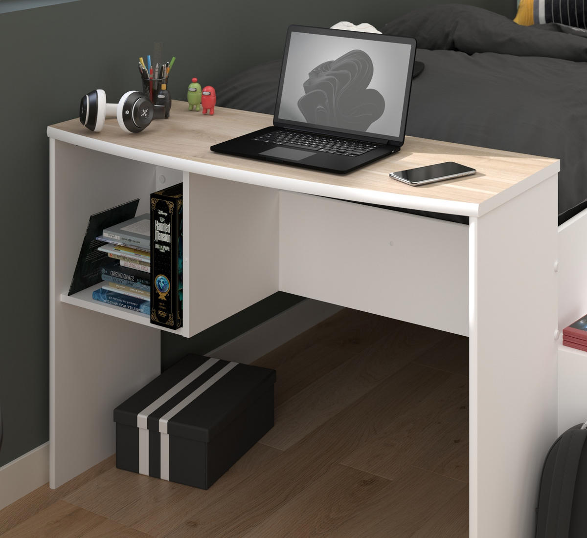 HOCHBETT Jugendzimmer Bett 90x200 mit Schreibtisch und Stauraum - Multicolor/Weiß, Holz/Holzwerkstoff (90/200cm) - Parisot Meuble