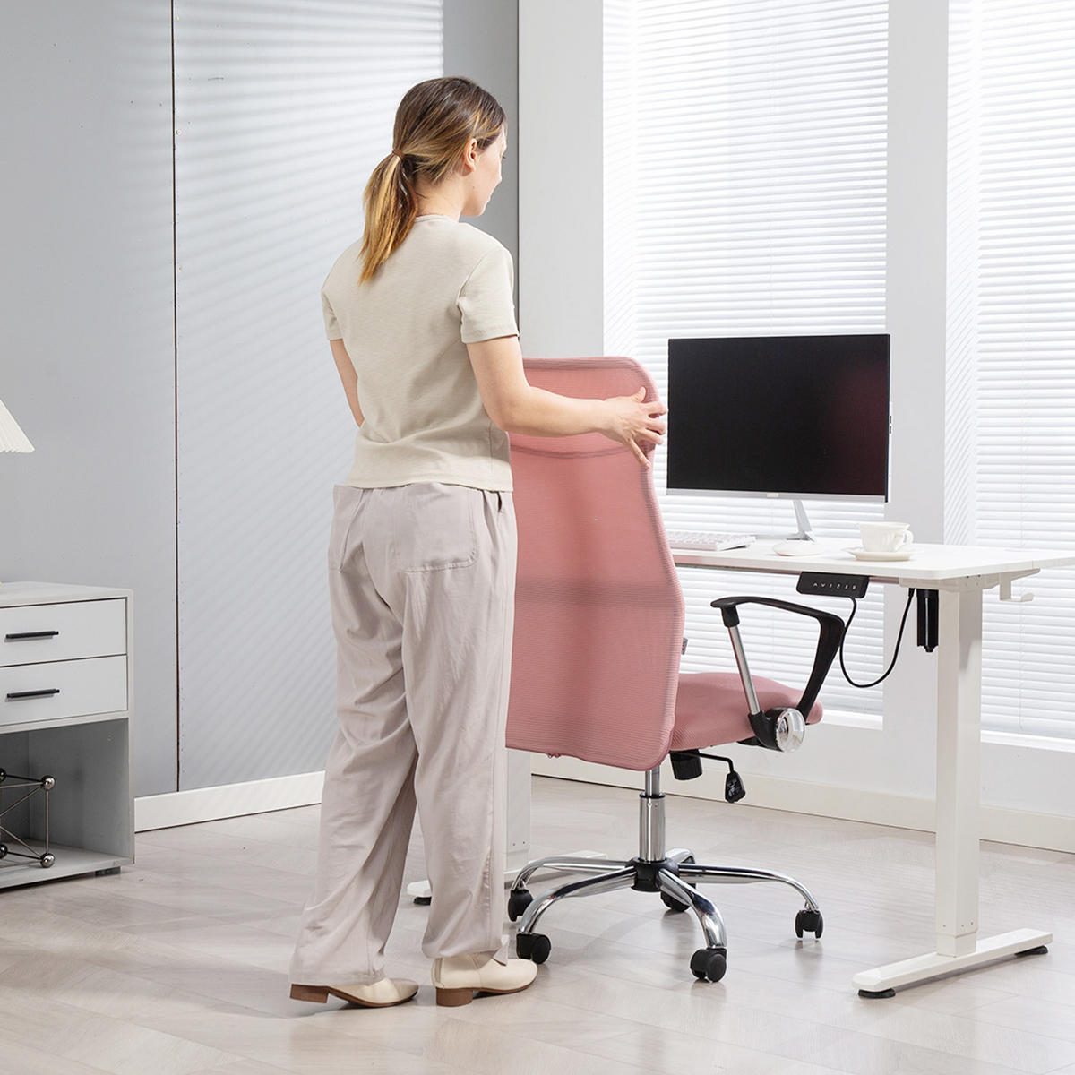 BÜROSTUHL Netz Stahl Rosa - Chromfarben/Schwarz, Kunststoff/Textil (65/119/63cm) - HOMCOM