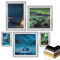WANDBILDER 5er Set - 50x50 cm & 20x30 cm & 40x60 cm Silberner Rahmen - Winterlandschaften, Nordlichter, Berge - Silberfarben, Kunststoff (40/60cm) - ArtPrintCave