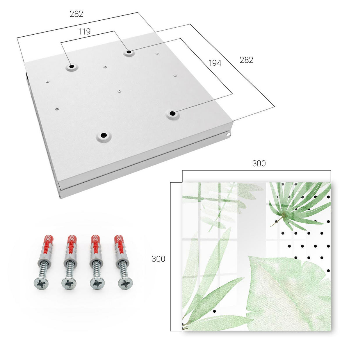 SCHLÜSSELBOX Weiß 30x30 cm – Türöffnung nach rechts - Grüne Blätter - Weiß, Metall (30/30/5cm) - TULUP