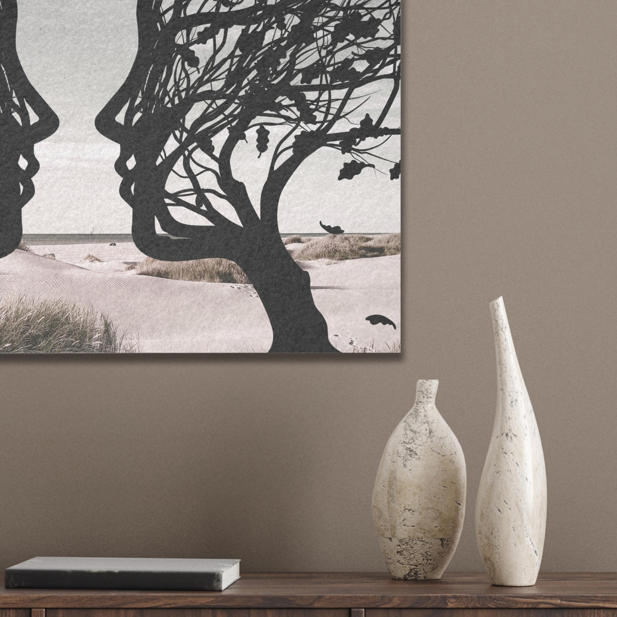 AKUSTIKBILD Strand - Meer - Menschen - Baum - Moderne Kunst Wandbilder 60x60 cm - Hellgrau, Kunststoff (60/60/0.9cm) - MuchoWow