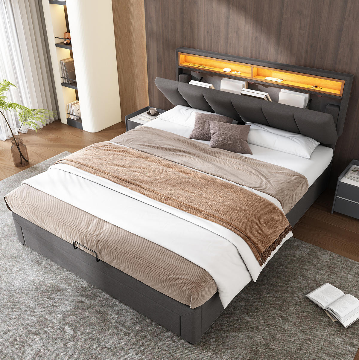 POLSTERBETT 140/200 cm mit LED-Beleuchtung, Lattenrost und Stauraum, Leinenoptik, Grau - Grau, Textil (140/200cm) - Redom
